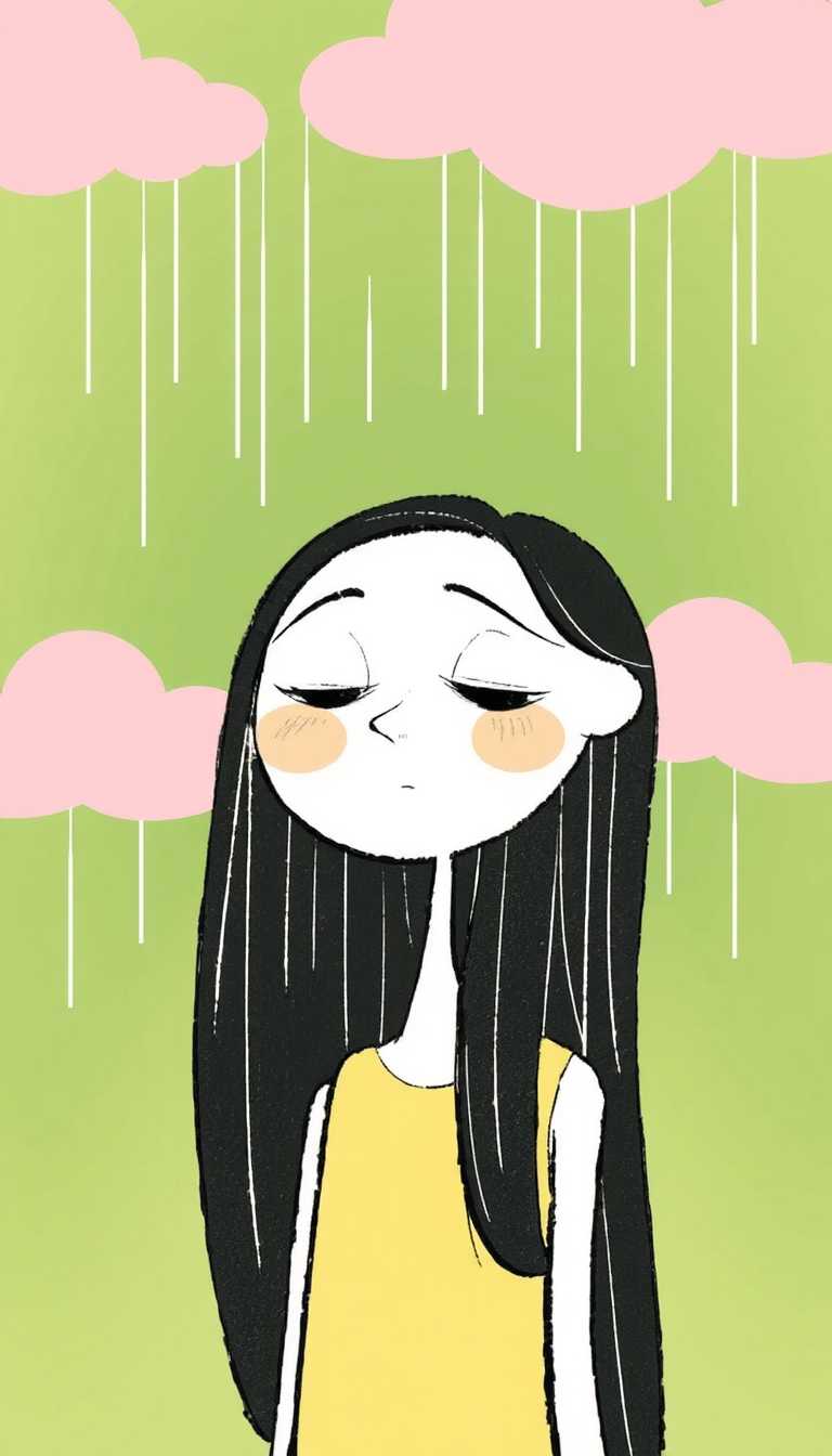The colors in the image are soft and muted, with a predominance of greens, yellows, and browns. The background is a gradient of green hues that give the impression of a rainy sky. The clouds are depicted in a simple, cartoonish manner, with rounded edges and a light pink color that stands out against the green backdrop.The figure in the center of the image is a stylized representation of a person. The head is large in proportion to the body, with a simple, ovalshaped face that is mostly white with a touch of green on the cheeks. The eyes are closed, and the eyebrows are drawn in a straight line, giving the figure a peaceful or perhaps melancholic expression. The hair is long and dark, with a few strands falling over the shoulders. The figure is wearing a simple, sleeveless top that matches the color of the background.The rain is depicted as a series of vertical, white lines that fall from the clouds above. The raindrops are not detailed, but their uniformity and the way they cascade down the figures hair and shoulders give the impression of a gentle, steady rain.