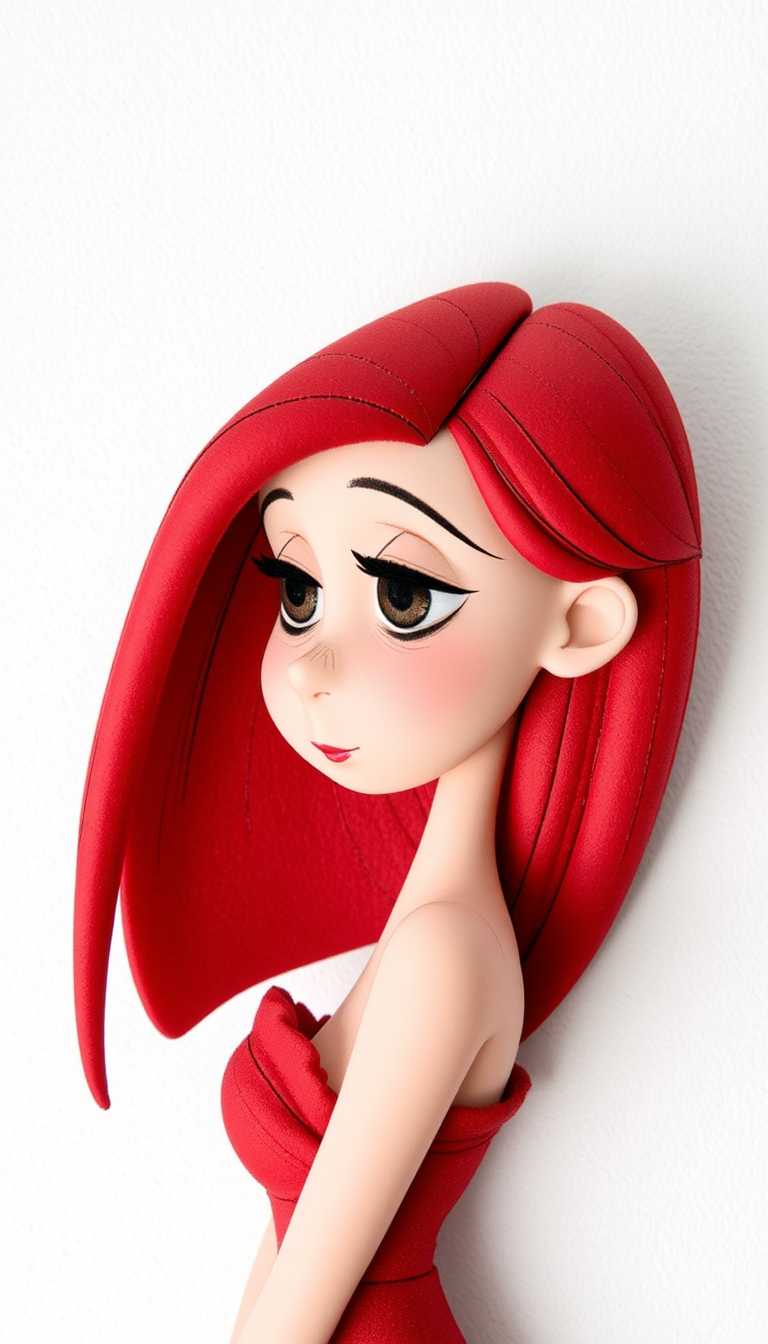 Claymation.  The subject of the illustration is a stylized female figure with exaggerated features typical of cartoon or anime characters, such as large expressive eyes and a small nose.The figure has long, flowing hair with a bow tied at the back, which cascades down her right shoulder. The hair strands are detailed with individual strokes that give a sense of volume and movement. The figure is wearing a strapless top with a ruffled neckline, and the shoulder strap is delicately drawn with a few lines, suggesting a soft fabric texture.The background is minimalistic, with a plain white canvas that serves to highlight the subject. The color palette is limited to shades of red, with the exception of the white background. The red tones range from a bright cherry red to a deeper maroon, creating a sense of depth and dimension in the illustration. The shading is subtle but present, with the red tones getting lighter towards the edges of the hair and clothing, giving a threedimensional effect.Overall, the image has a whimsical and charming feel, with a focus on the subjects playful and innocent expression. The art style is reminiscent of contemporary digital illustrations found in manga, anime, or comic books.
