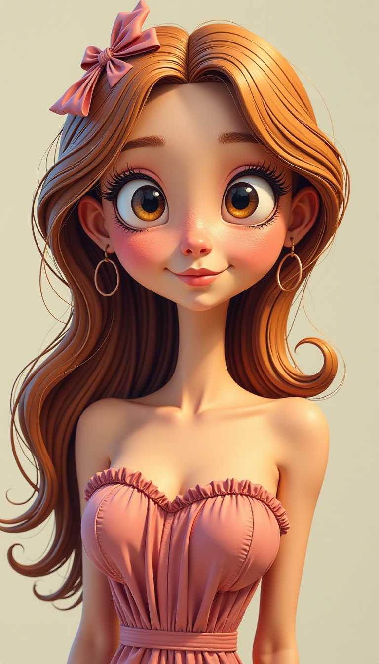 Claymation.  Vivid colors. The subject of the illustration is a stylized female figure with exaggerated features typical of cartoon characters, such as large expressive eyes and a small nose.The figure has long, flowing hair with a bow tied at the back, which cascades down her right shoulder. The hair strands are detailed with individual strokes that give a sense of volume and movement. The figure is wearing a strapless top with a ruffled neckline, and the shoulder strap is delicately drawn with a few lines, suggesting a soft fabric texture.