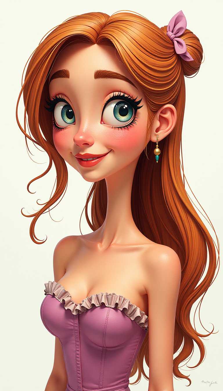 Claymation.  Vivid colors. The subject of the illustration is a stylized female figure with exaggerated features typical of cartoon characters, such as large expressive eyes and a small nose.The figure has long, flowing hair with a bow tied at the back, which cascades down her right shoulder. The hair strands are detailed with individual strokes that give a sense of volume and movement. The figure is wearing a strapless top with a ruffled neckline, and the shoulder strap is delicately drawn with a few lines, suggesting a soft fabric texture.