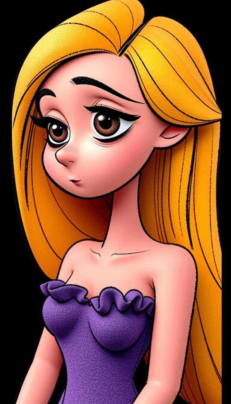 Claymation.  Vivid colors. The subject of the illustration is a stylized female figure with exaggerated features typical of cartoon characters, such as large expressive eyes and a small nose.The figure has long, flowing hair with a bow tied at the back, which cascades down her right shoulder. The hair strands are detailed with individual strokes that give a sense of volume and movement. The figure is wearing a strapless top with a ruffled neckline, and the shoulder strap is delicately drawn with a few lines, suggesting a soft fabric texture.