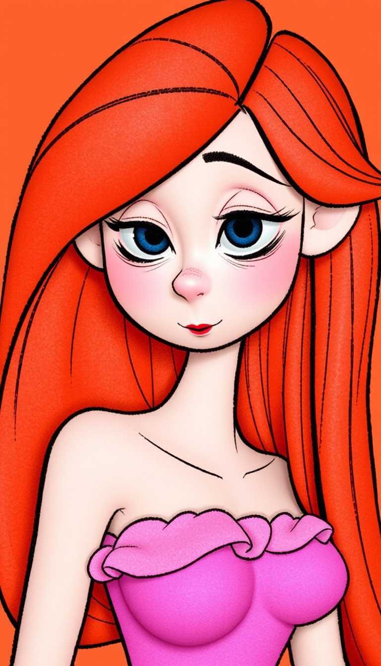 Claymation.  Vivid colors. The subject of the illustration is a stylized female figure with exaggerated features typical of cartoon characters, such as large expressive eyes and a small nose.The figure has long, flowing hair with a bow tied at the back, which cascades down her right shoulder. The hair strands are detailed with individual strokes that give a sense of volume and movement. The figure is wearing a strapless top with a ruffled neckline, and the shoulder strap is delicately drawn with a few lines, suggesting a soft fabric texture.