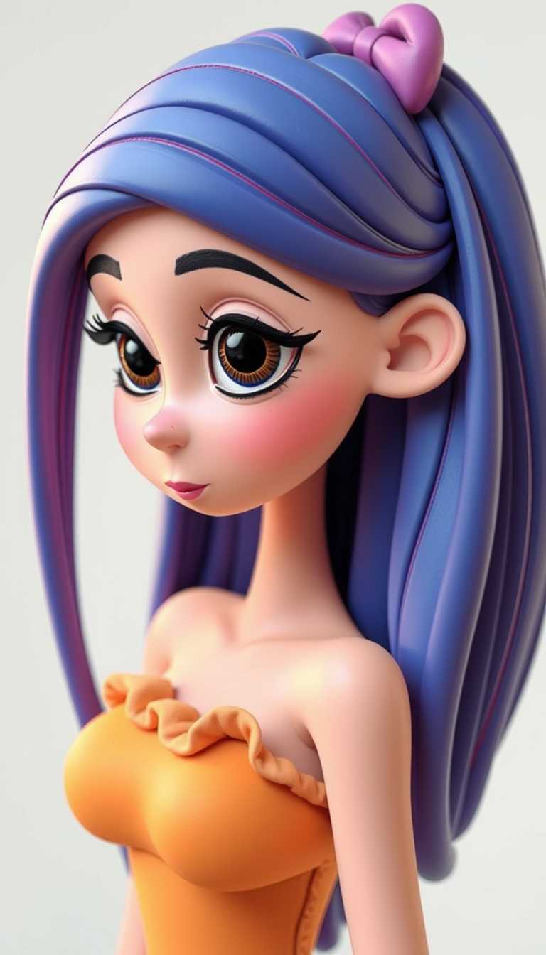 Claymation.  Vivid colors. The subject of the illustration is a stylized female figure with exaggerated features typical of cartoon characters, such as large expressive eyes and a small nose.The figure has long, flowing hair with a bow tied at the back, which cascades down her right shoulder. The hair strands are detailed with individual strokes that give a sense of volume and movement. The figure is wearing a strapless top with a ruffled neckline, and the shoulder strap is delicately drawn with a few lines, suggesting a soft fabric texture.