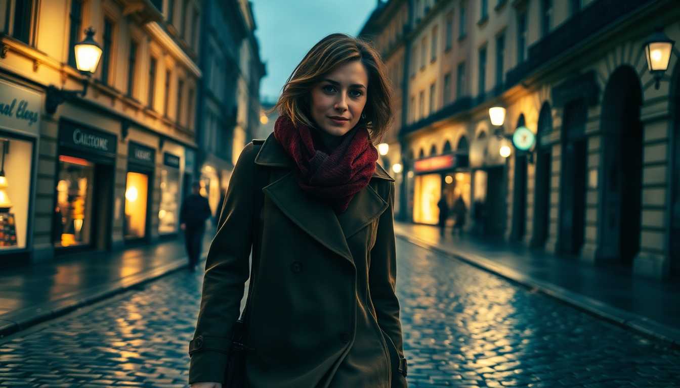 A captivating scene of a woman strolling through a **European city at night**: 

**Visual Details:**
- The cobblestone streets are wet, reflecting the warm glow of **old-fashioned street lamps** that cast long shadows and pools of light.
- She is wrapped in a **long, flowing trench coat**, her **scarf** billowing slightly in the gentle night breeze, adding texture and movement.
- Her **hair** is styled in a chic, European bob, slightly tousled from the evening air, with subtle highlights catching the light.

**Style:**
- The image is rendered in a **cinematic, film noir style**, with deep contrasts, sharp shadows, and a slightly desaturated color palette to evoke mystery and nostalgia.

**Composition:**
- The woman is the **focal point** in the foreground, slightly off-center, walking towards the viewer with a **confident stride**.
- Behind her, **historic buildings** with ornate facades and **vintage shop signs** line the narrow street, creating a sense of depth and historical charm.

**Mood and Atmosphere:**
- The night is **mild**, with a hint of fog or mist in the air, adding to the **mysterious, enchanting atmosphere**.
- There's a **soft focus** on the background lights, giving a **dreamlike** quality to the scene, with a subtle **blue hour** tint.

**Technical Aspects:**
- Utilize **long exposure photography** techniques to capture the motion blur of passing cars or cyclists, enhancing the dynamic movement.
- Use **chiaroscuro lighting** to emphasize the contrast between light and dark, heightening the dramatic effect.

**Cohesion:**
- All elements, from the woman's attire to the city's ambiance, are woven together to craft a **cohesive, believable European night scene**, where every detail contributes to a story of urban elegance and nocturnal charm.