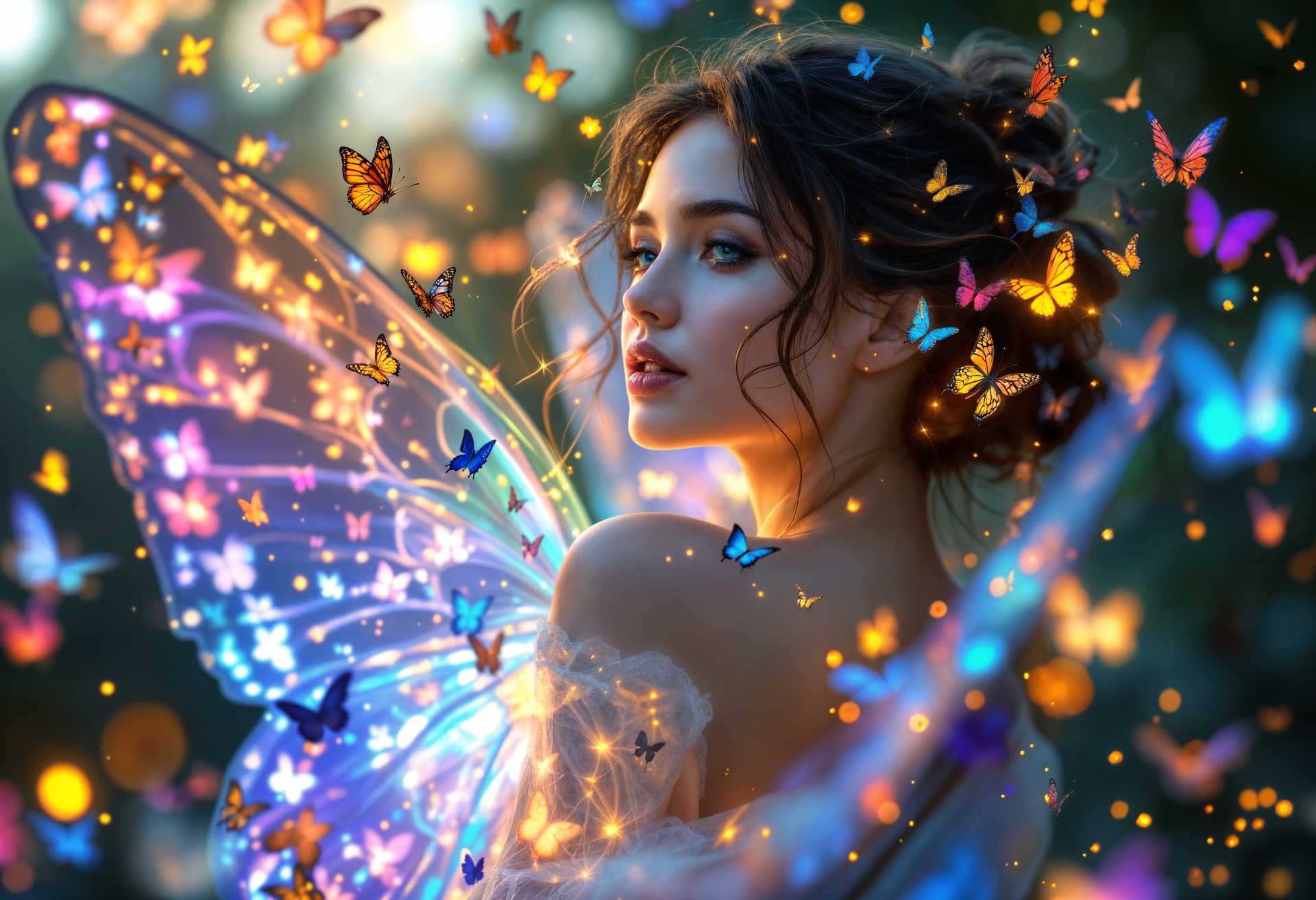 masterpiece, best quality, highres, sharp image, more detail, masterpiece, best quality, highres, sharp image, more detail, **Prompt for AI Image Generation:**

- **Subject**: A young woman with delicate, iridescent butterfly wings that shimmer with an ethereal glow. Her wings are adorned with intricate patterns, mimicking the natural beauty of butterfly wings.

- **Surroundings**: She is enveloped by a swirling dance of multicolored butterflies and twinkling fireflies. The butterflies vary in size and species, creating a rich tapestry of color and movement around her.

- **Lighting**: The scene is bathed in the soft, warm glow of twilight, with the fireflies providing additional points of light, casting gentle shadows and creating a magical, almost surreal atmosphere.

- **Colors**: Use a palette dominated by soft pastels, with vibrant splashes of color from the butterflies. The woman's attire should complement this palette, perhaps in flowing, translucent fabric that seems to merge with the wings.

- **Mood/Atmosphere**: The mood is one of serenity, wonder, and a touch of enchantment. The air feels alive with the gentle buzz of wings, and there's a sense of peace and connection with nature.

- **Composition**: Center the woman slightly to the right, allowing space for the butterflies and fireflies to fill the left side of the frame, creating a dynamic flow towards her. Use a medium shot to capture her from the waist up, with the wings fully spread.

- **Artistic Style**: Aim for a Pre-Raphaelite inspired style, focusing on detailed, naturalistic elements with a touch of fantasy. The image should have the depth and richness of a painting, with attention to the textures of wings, skin, and the environment.

- **Technical Aspects**: 
  - **Depth of Field**: A shallow depth of field to focus on the woman and her immediate surroundings, with the background softly blurred to enhance the ethereal quality.
  - **Camera Angle**: Slightly low angle to give her an ethereal, almost divine appearance.
  - **Framing**: Frame the image with natural elements like leaves or branches, subtly framing the subject to give a sense of being part of a larger, magical world.

- **Cohesion**: Ensure the wings, butterflies, and fireflies all interact harmoniously, creating an environment where nature and fantasy blend seamlessly, evoking a sense of wonder and beauty.