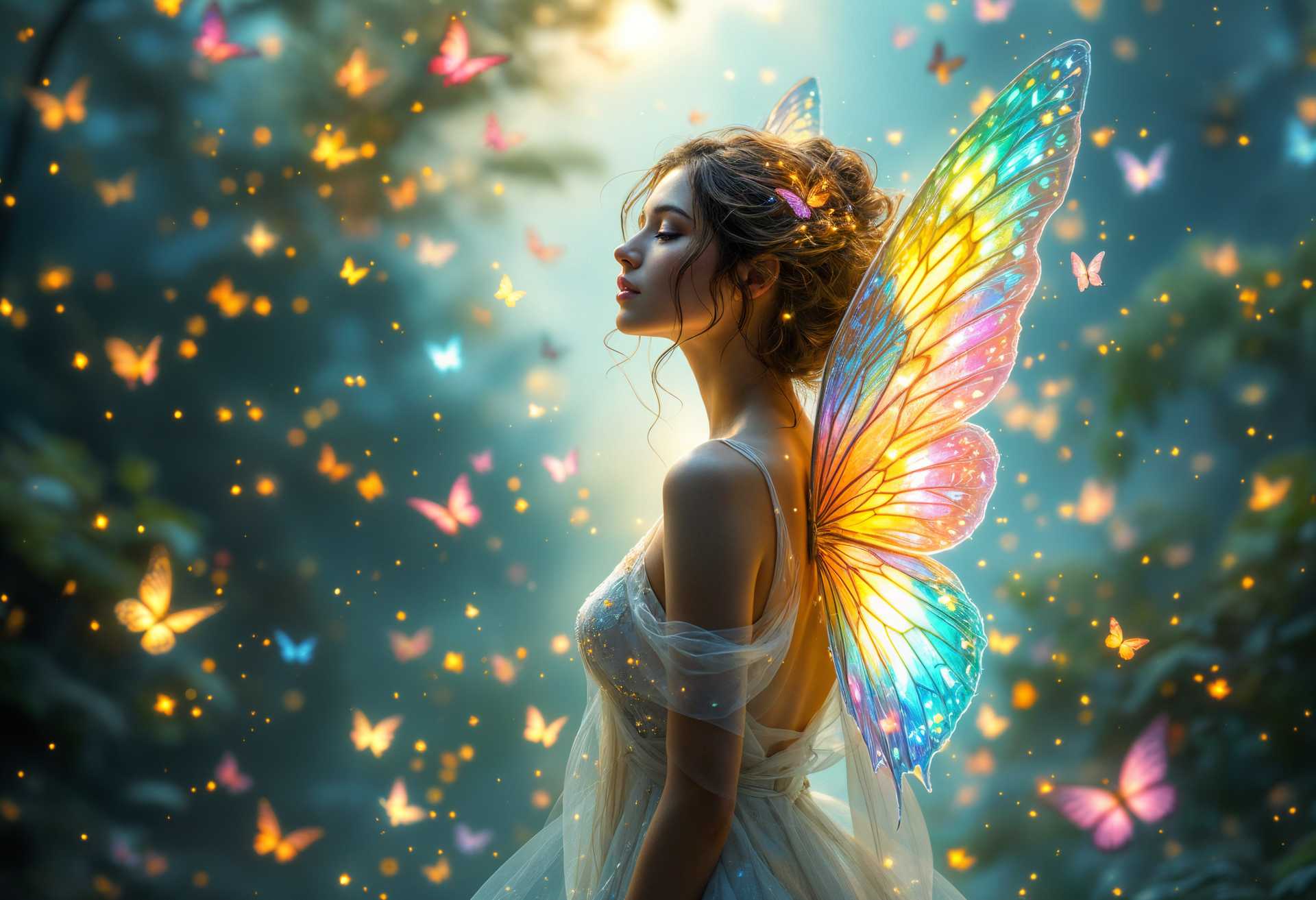 masterpiece, best quality, highres, sharp image, more detail, **Prompt for AI Image Generation:**

- **Subject**: A young woman with delicate, iridescent butterfly wings that shimmer with an ethereal glow. Her wings are adorned with intricate patterns, mimicking the natural beauty of butterfly wings.

- **Surroundings**: She is enveloped by a swirling dance of multicolored butterflies and twinkling fireflies. The butterflies vary in size and species, creating a rich tapestry of color and movement around her.

- **Lighting**: The scene is bathed in the soft, warm glow of twilight, with the fireflies providing additional points of light, casting gentle shadows and creating a magical, almost surreal atmosphere.

- **Colors**: Use a palette dominated by soft pastels, with vibrant splashes of color from the butterflies. The woman's attire should complement this palette, perhaps in flowing, translucent fabric that seems to merge with the wings.

- **Mood/Atmosphere**: The mood is one of serenity, wonder, and a touch of enchantment. The air feels alive with the gentle buzz of wings, and there's a sense of peace and connection with nature.

- **Composition**: Center the woman slightly to the right, allowing space for the butterflies and fireflies to fill the left side of the frame, creating a dynamic flow towards her. Use a medium shot to capture her from the waist up, with the wings fully spread.

- **Artistic Style**: Aim for a Pre-Raphaelite inspired style, focusing on detailed, naturalistic elements with a touch of fantasy. The image should have the depth and richness of a painting, with attention to the textures of wings, skin, and the environment.

- **Technical Aspects**: 
  - **Depth of Field**: A shallow depth of field to focus on the woman and her immediate surroundings, with the background softly blurred to enhance the ethereal quality.
  - **Camera Angle**: Slightly low angle to give her an ethereal, almost divine appearance.
  - **Framing**: Frame the image with natural elements like leaves or branches, subtly framing the subject to give a sense of being part of a larger, magical world.

- **Cohesion**: Ensure the wings, butterflies, and fireflies all interact harmoniously, creating an environment where nature and fantasy blend seamlessly, evoking a sense of wonder and beauty.
