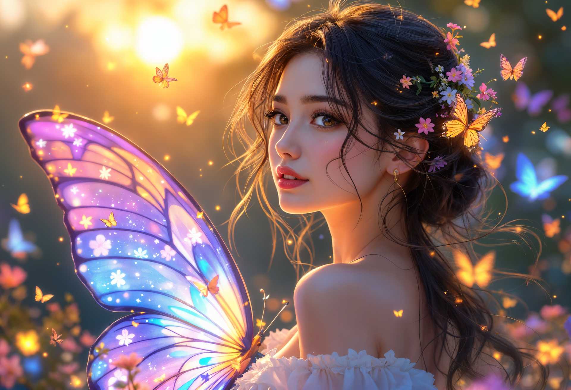 masterpiece, best quality, highres, sharp image, more detail, Create an anime-style digital art portrait of a beautiful lady with butterfly wings. **Visual Details**: Her wings should shimmer with iridescent colors, reflecting the light of the setting sun. Her hair flows in the gentle evening breeze, adorned with small, delicate flowers that match the hues of her wings. **Colors**: Use a palette of soft pastels for her attire, contrasting with vibrant butterfly wings. **Lighting**: Capture the magical glow of twilight, with the sun casting golden rays that highlight her silhouette and the wings, creating a halo effect. **Butterflies and Fireflies**: Surround her with a flurry of butterflies in various sizes, their wings echoing the patterns of her own. Fireflies flicker around, their lights mingling with the sunset, creating a soft, twinkling ambiance. **Composition**: Position her in a three-quarter view, looking slightly to the side, her wings partially spread to reveal intricate details. The camera should be slightly below eye level to capture the ethereal quality of her wings. **Mood and Atmosphere**: The scene should evoke a sense of wonder, serenity, and ethereal beauty, with the quiet of dusk setting a peaceful mood. **Artistic Style**: Emulate the vibrant, expressive, and slightly exaggerated features characteristic of anime, with a focus on large, expressive eyes and stylized hair. **Technical Aspects**: Utilize depth of field to blur the background, focusing on the subject, with a high-resolution texture for the wings to showcase their delicate, translucent nature.