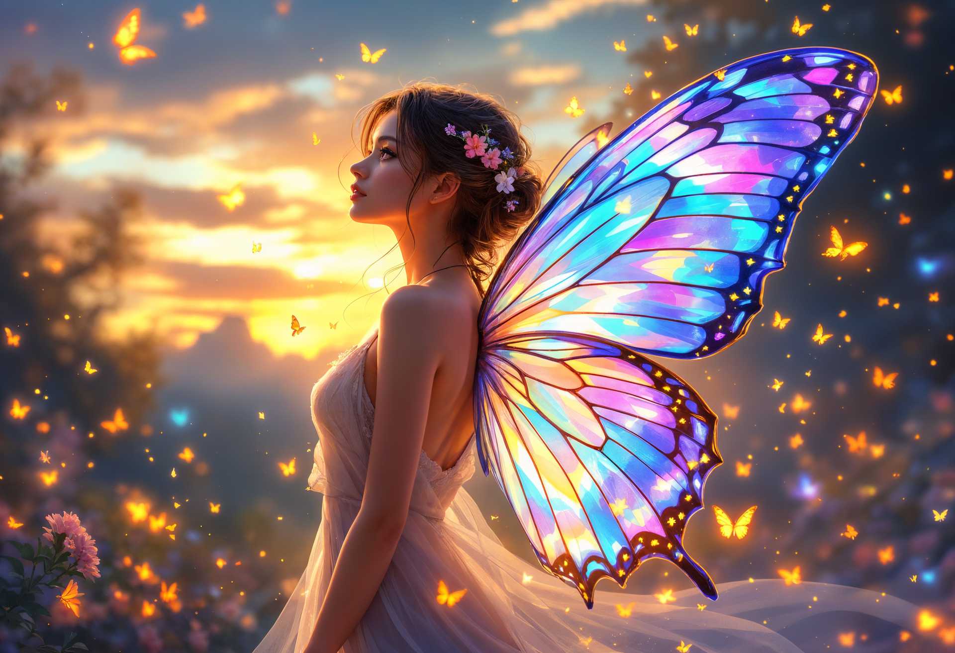 masterpiece, best quality, highres, sharp image, more detail, Create an anime-style digital art portrait of a beautiful lady with butterfly wings. **Visual Details**: Her wings should shimmer with iridescent colors, reflecting the light of the setting sun. Her hair flows in the gentle evening breeze, adorned with small, delicate flowers that match the hues of her wings. **Colors**: Use a palette of soft pastels for her attire, contrasting with vibrant butterfly wings. **Lighting**: Capture the magical glow of twilight, with the sun casting golden rays that highlight her silhouette and the wings, creating a halo effect. **Butterflies and Fireflies**: Surround her with a flurry of butterflies in various sizes, their wings echoing the patterns of her own. Fireflies flicker around, their lights mingling with the sunset, creating a soft, twinkling ambiance. **Composition**: Position her in a three-quarter view, looking slightly to the side, her wings partially spread to reveal intricate details. The camera should be slightly below eye level to capture the ethereal quality of her wings. **Mood and Atmosphere**: The scene should evoke a sense of wonder, serenity, and ethereal beauty, with the quiet of dusk setting a peaceful mood. **Artistic Style**: Emulate the vibrant, expressive, and slightly exaggerated features characteristic of anime, with a focus on large, expressive eyes and stylized hair. **Technical Aspects**: Utilize depth of field to blur the background, focusing on the subject, with a high-resolution texture for the wings to showcase their delicate, translucent nature.