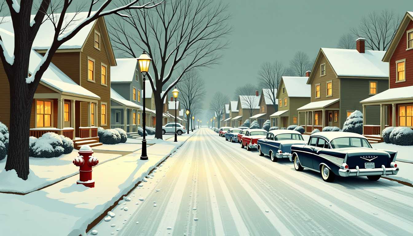 This image is a vintage illustration depicting a snowy street scene at dusk or early evening. The art style is reminiscent of mid20th century American illustrations, characterized by its detailed realism and nostalgic feel. The medium appears to be oil or acrylic paint, given the rich, smooth texture and the way the light reflects on the snowcovered surfaces.The colors are warm and muted, with a predominance of whites, grays, and earth tones. The sky is a soft, muted blue, and the snow is a gentle white, giving the scene a serene and tranquil atmosphere. The houses are painted in warm browns and yellows, with the windows glowing with a welcoming yellow light. The street is lined with parked cars, their exteriors covered in a thick layer of snow, and the roofs are also blanketed in snow.The objects in the image include1. Snowcovered houses with lit windows, suggesting that the inhabitants are inside, perhaps enjoying a warm meal or gathering.2. A variety of cars parked along the street, their designs suggesting a mid20th century setting.3. Snowcovered trees and bushes, adding to the wintry ambiance.4. A fire hydrant partially covered in snow, indicating the cold weather.5. Footprints and tire tracks in the snow, showing recent activity on the street.6. A lamppost standing sentinel on the corner, casting a soft light onto the scene.7. A small pile of snow on the curb, indicating the accumulation of snowfall.Overall, the image conveys a sense of quiet and community, with people likely coming together to enjoy the winter season. The attention to detail in the illustration, from the snowflakes to the reflections on the car windows, creates a lifelike and immersive scene that captures the essence of a winter evening.