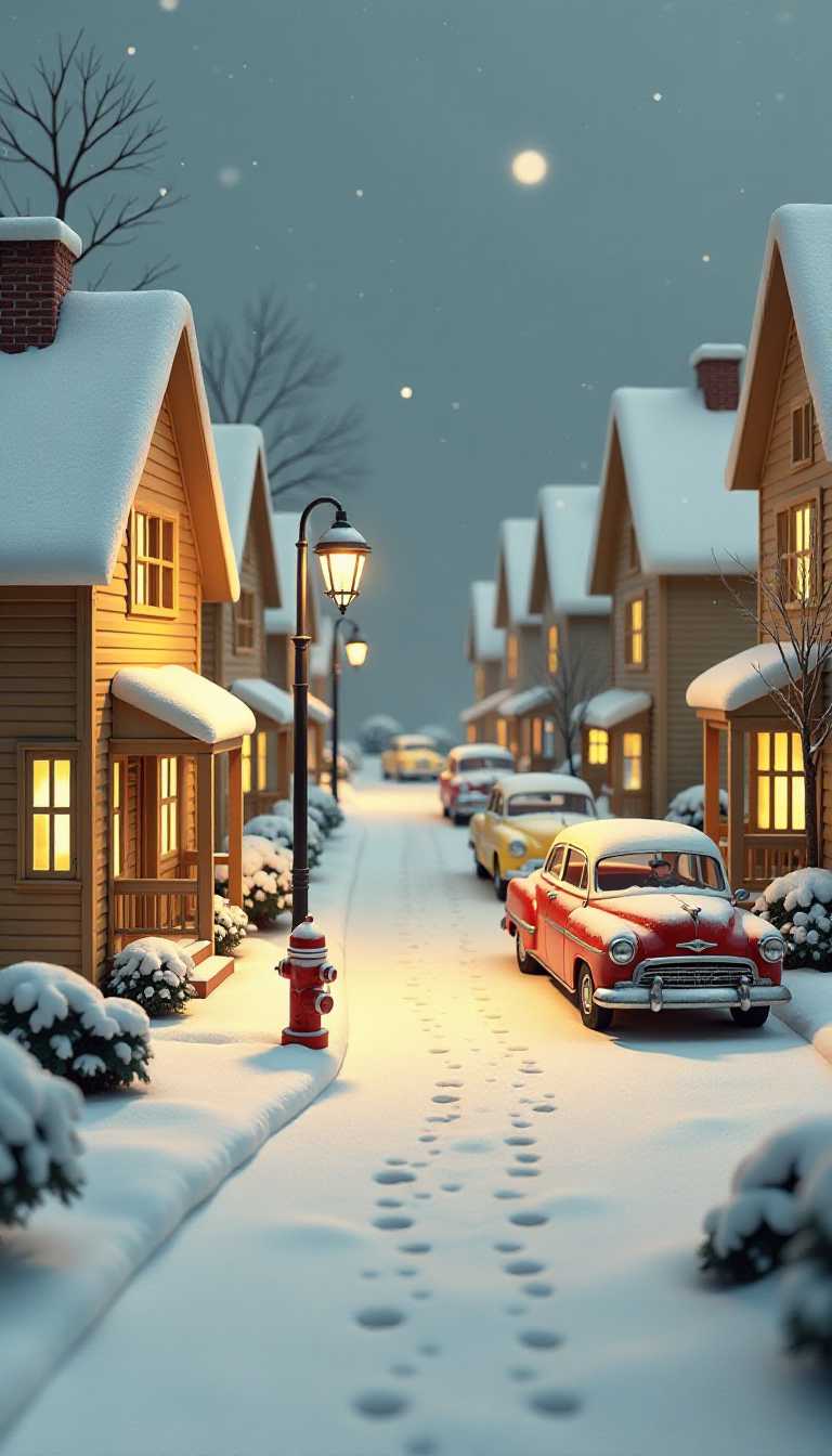 3d cartoon wooden characters painted with glossy paint. Toy diorama. dramatic lighting. The colors are warm and muted, with a predominance of whites, grays, and earth tones. The sky is a soft, muted blue, and the snow is a gentle white, giving the scene a serene and tranquil atmosphere. The houses are painted in warm browns and yellows, with the windows glowing with a welcoming yellow light. The street is lined with parked cars, their exteriors covered in a thick layer of snow, and the roofs are also blanketed in snow.The objects in the image include1. Snowcovered houses with lit windows, suggesting that the inhabitants are inside, perhaps enjoying a warm meal or gathering.2. A variety of cars parked along the street, their designs suggesting a mid20th century setting.3. Snowcovered trees and bushes, adding to the wintry ambiance.4. A fire hydrant partially covered in snow, indicating the cold weather.5. Footprints and tire tracks in the snow, showing recent activity on the street.6. A lamppost standing sentinel on the corner, casting a soft light onto the scene.7. A small pile of snow on the curb, indicating the accumulation of snowfall.Overall, the image conveys a sense of quiet and community, with people likely coming together to enjoy the winter season. The attention to detail in the illustration, from the snowflakes to the reflections on the car windows, creates a lifelike and immersive scene that captures the essence of a winter evening.
