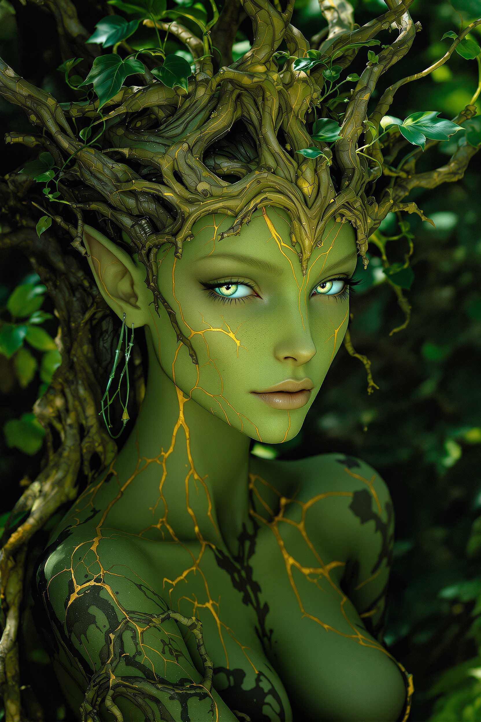 A humanoid species deeply connected to the forests, Aelora’s skin is a pale green, with veins of gold running through it, resembling living wood. She can communicate with nature, causing plants to grow and bloom at her will, and her eyes glow softly in the moonlight.A humanoid species deeply connected to the forests, Aelora’s skin is a pale green, with veins of gold running through it, resembling living wood. She can communicate with nature, causing plants to grow and bloom at her will, and her eyes glow softly in the moonlight.