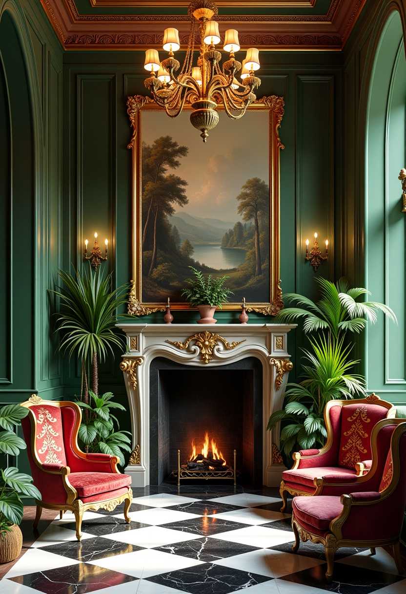 An opulent, vintage interior of a French aristocratic salon with lush greenery. Tall, elegant walls adorned with large classical landscape murals framed in ornate gold. A grand antique fireplace with intricate carvings, surrounded by potted palms and ferns, fills the room with natural greenery. Black-and-white checkered marble floors add a timeless elegance. Velvet-upholstered chairs in rich red with golden floral patterns sit alongside small round tables with gilded details. Overhead, a grand chandelier with a soft, warm glow illuminates the space, casting a gentle light on the detailed woodwork and floral motifs. Art nouveau elements, highly detailed, soft shadows, warm tones, romantic and lush ambiance, inspired by 19th-century French interiors, aidmafluxpro1.1 <lora:aidmaFluxPro1.1Stylev0.2:0.7>, aidmaMJ6.1 <lora:aidmaMJ6.1v0.4:0.6>, aidmaimageupgrader <lora:aidmaImageUpraderv0.3:0.5>