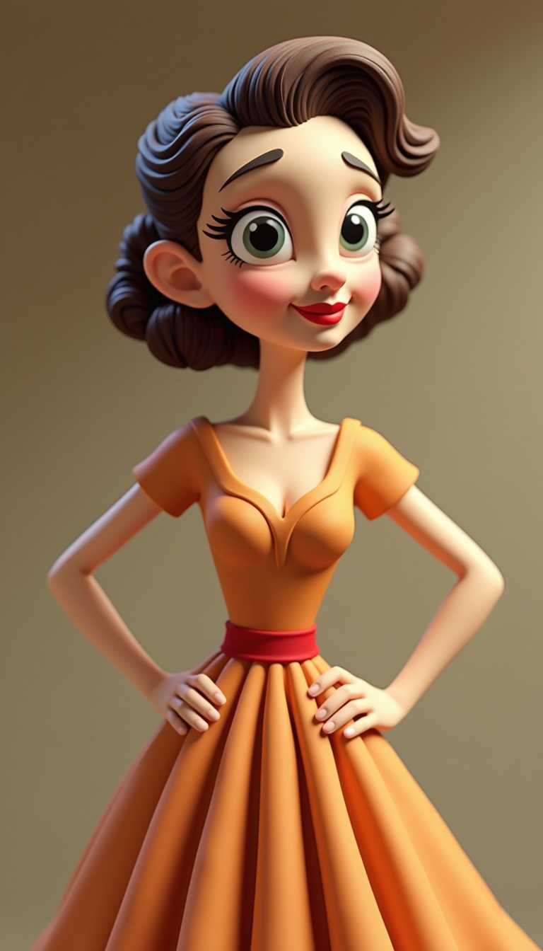 Claymation.  The womans hair is styled in a classic updo with a side parting, and there are two distinct curls on the top of her head, reminiscent of the hairstyles popular in the 1940s and 1950s.The dress is a simple yet elegant design, featuring a fitted bodice with a sweetheart neckline that gently slopes down to a flared skirt. The bodice is adorned with a red belt that cinches the waist, adding a pop of color and a sense of structure to the otherwise flowing silhouette. The skirt of the dress is full and billows out slightly, giving the impression of movement and grace.The womans pose is relaxed and confident, with one hand resting on her hip 