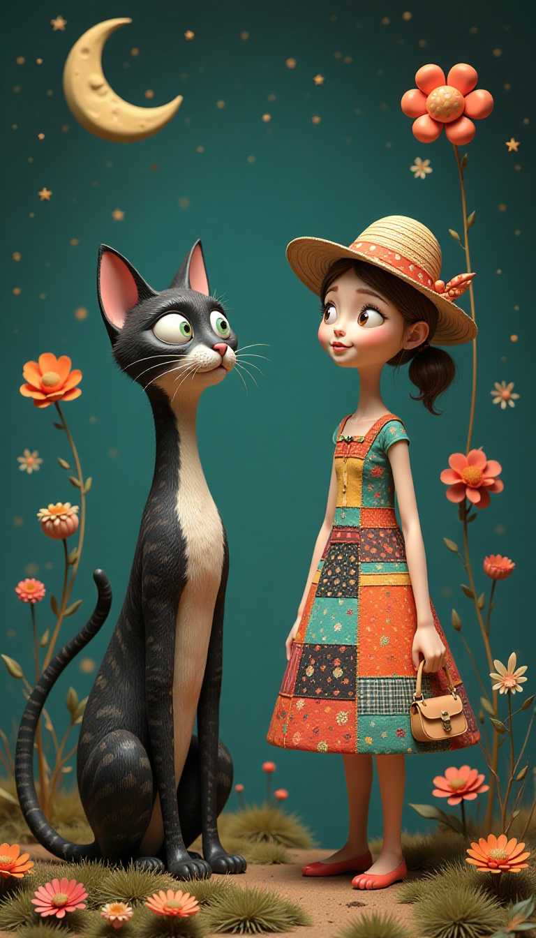 Claymation. The palette is rich and varied, with a harmonious blend of warm and cool tones. The use of contrasting colors between the cat and the girl adds to the visual interest and draws the eye.The objects in the image are as follows1. The cat On the left side of the image, there is a tall, slender cat with a long, striped tail. The cat has a black body with white stripes and a patterned face, with large, expressive green eyes. It stands on its hind legs, with its front paws hanging down, and has a somewhat surprised or curious expression.2. The girl On the right side of the image, there is a girl dressed in a colorful, patchwork dress that resembles a quilt. The dress has a variety of patterns and colors, including stripes, checks, florals, and geometrics. The girl has a long, thin neck and a small, delicate handbag hanging from her wrist. She wears a widebrimmed hat with a patterned band and a decorative flower on the side, and has a serene and content expression.3. The background Behind the cat and the girl, there is a starry sky with a crescent moon. Floating in the sky are whimsical, fantastical flowers with circular petals and various patterns and colors. The flowers are connected to the ground by thin stems, and they are of different sizes, creating a sense of depth in the scene.