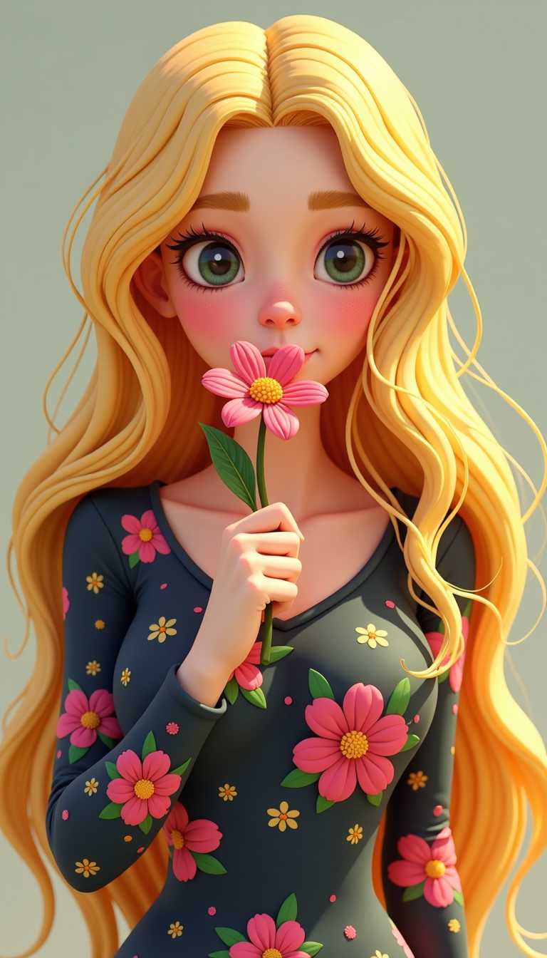 Claymation. The subject of the illustration is a woman with long, flowing blonde hair that cascades down her back in waves. Her hair is detailed with subtle highlights and shadows, giving it a threedimensional appearance. She is wearing a dark top adorned with a lively floral pattern, featuring large pink flowers with green centers and smaller yellow flowers scattered throughout.The woman is holding a flower close to her nose, as if she is smelling it. The flower is a bright pink with a yellow center, and the petals are delicately shaded, giving it a lifelike quality. The way the flower is positioned in the womans hand and the way her fingers are curled around it suggest a gentle touch and a moment of appreciation for the natural beauty.