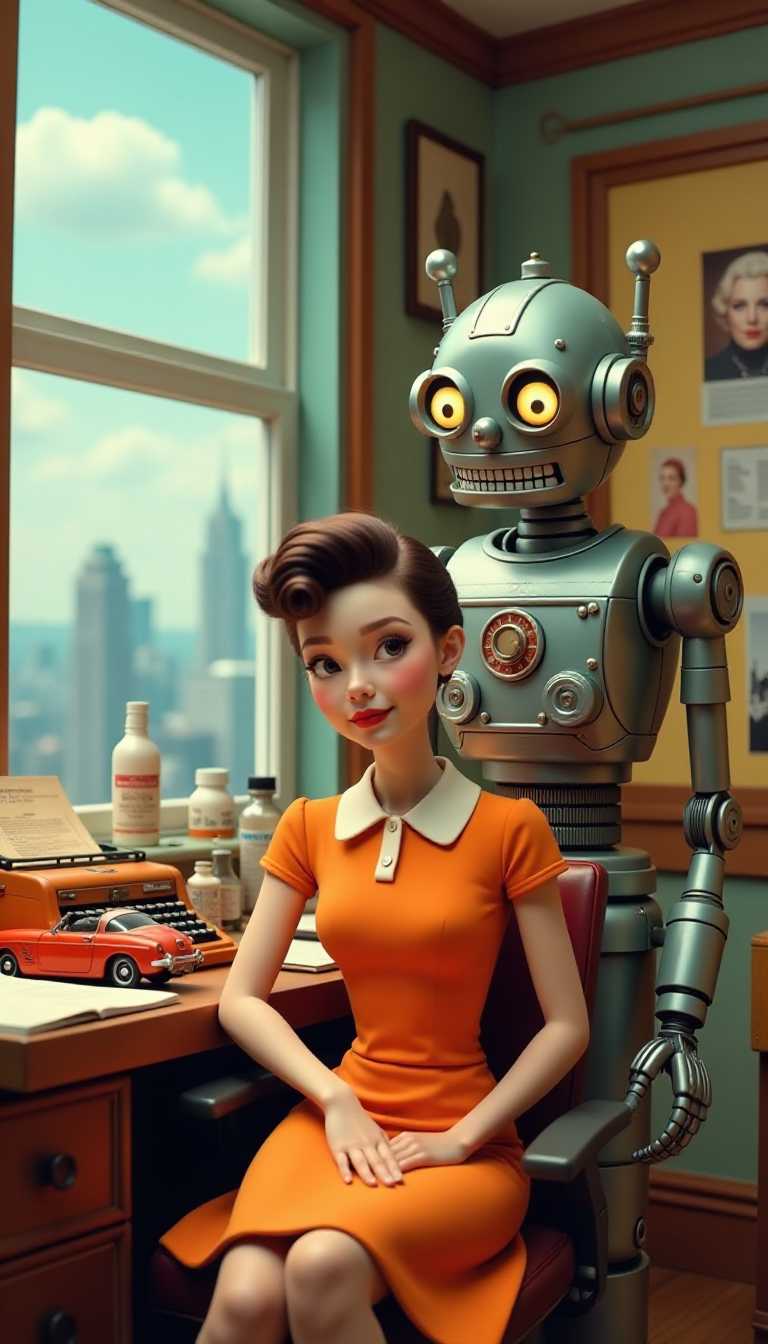 Claymation. The colors are rich and saturated, with a warm palette that includes oranges, browns, and creams, which gives the image a nostalgic and inviting feel. The contrast between the warm tones and the cool blues of the sky and the robots metallic sheen adds depth and dimension to the composition.The objects in the image are carefully curated to create a narrative. In the foreground, there is a woman dressed in a classic, fitted orange dress with a high neckline and short sleeves, reminiscent of 1950s fashion. Her hair is styled in a voluminous bouffant, which is also characteristic of that era. She is seated at a cluttered desk with various items that suggest a workspace, including a vintage typewriter, a small red car model, and various bottles and jars that could be chemicals or art supplies.Behind the woman stands a robot with a humanoid form, but with exaggerated mechanical features such as large, round eyes and antennalike protrusions on its head. The robots body is adorned with various buttons, gauges, and pipes, giving it a steampunk aesthetic. It is positioned against a window that frames a cityscape, suggesting a highrise office or laboratory setting.On the wall behind the robot, there is a collage of images that depict various scenes and objects, including a closeup of a womans face, a vintage radio, and what appears to be a blueprint or schematic. This collage adds to the narrative of a creative or scientific workspace, hinting at the womans profession or hobby.
