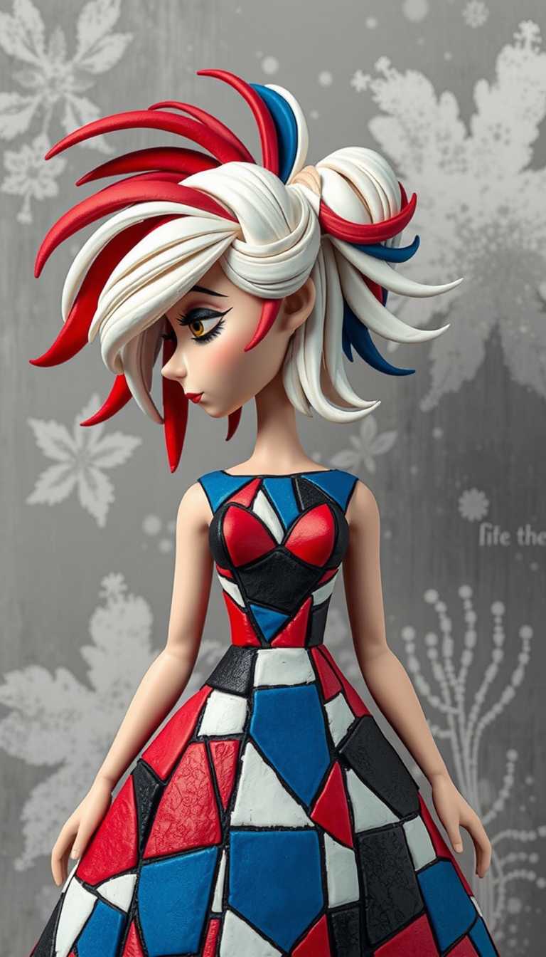 Claymation. The colors in the image are vibrant and contrasting, with a predominance of red, blue, white, and black. The figures hair is a blend of white and light brown, with strokes of red and blue that suggest movement and dynamism. The figures dress is a patchwork of geometric shapes in red, blue, and white, reminiscent of a quilt or a stained glass window. The background is a muted mix of grays, whites, and blues, providing a neutral canvas that allows the figure to stand out.The objects in the image are primarily the figures hair and dress. The hair is styled in an elaborate updo with loose tendrils that cascade around the figures shoulders. The dress is fitted at the bodice and flares out into a skirt, with the geometric shapes creating a sense of depth and movement. There are no other objects or accessories visible in the image, which places the entire focus on the figure and her striking attire.