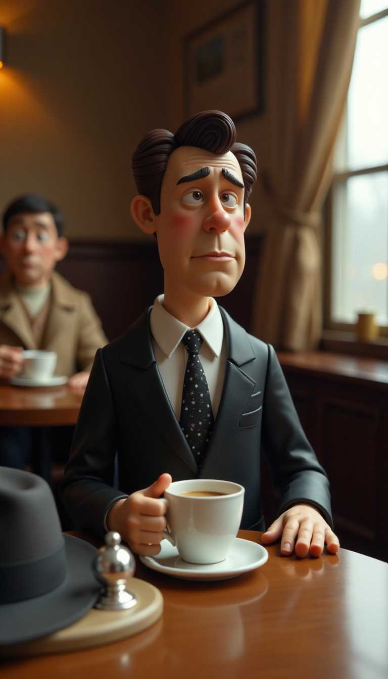 Claymation cartoon figure.The colors are warm and muted, with a predominance of browns, blacks, and grays, which gives the image a somewhat somber and serious tone. There are also hints of warm yellows and oranges in the lighting, which adds depth and contrast to the scene.The objects in the image are as follows1. The main subject is a person dressed in a formal black suit with a white shirt and a polka dot tie. The person is holding a white ceramic coffee cup in their right hand, which has a handle and a visible rim. The persons left hand is resting on the table, and their posture is upright, indicating a seated position.2. The table in front of the person is adorned with a small, round, white ceramic plate, which appears to be empty. There is also a silver sugar bowl with a lid, which is placed to the left of the plate. The table also has a darkcolored hat, which is resting on the edge, slightly askew.3. In the background, there is a blurred figure of another person, who seems to be seated at a table, holding a cup of coffee, and wearing a beige or tan jacket. The person is facing away from the camera, and the focus is on the foreground figure.4. The setting appears to be an indoor space, possibly a caf or a diner, given the presence of tables and chairs, and the warm, ambient lighting. The walls are paneled with wood, and there is a window with curtains to the right side of the frame, which allows natural light to filter in, casting shadows and highlights on the scene.