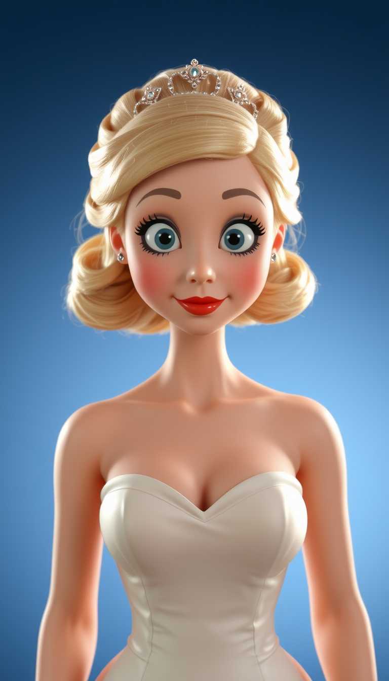 Claymation cartoon figure.The subject is wearing a strapless, offwhite or lightcolored garment that drapes elegantly around the shoulders and chest, suggesting a formal occasion such as a wedding or prom. The garment has a sweetheart neckline, which is a common feature in bridal attire.The subjects blonde hair is styled in an updo with loose curls framing the face, and a tiara or headpiece is visible, adding a touch of sophistication and possibly indicating the significance of the event. The hair and accessory suggest a hairstyle and fashion choice that might be associated with the late 20th century.The background is a simple, nondescript gradient of blues, which provides a neutral backdrop that keeps the focus on the subject. The lighting is soft and diffused, likely from studio lights, which casts a gentle glow on the subjects face and highlights the contours of the garment and hairstyle. The lighting technique used here is typical of portrait photography, aiming to create flattering lighting that accentuates the subjects features without harsh shadows.