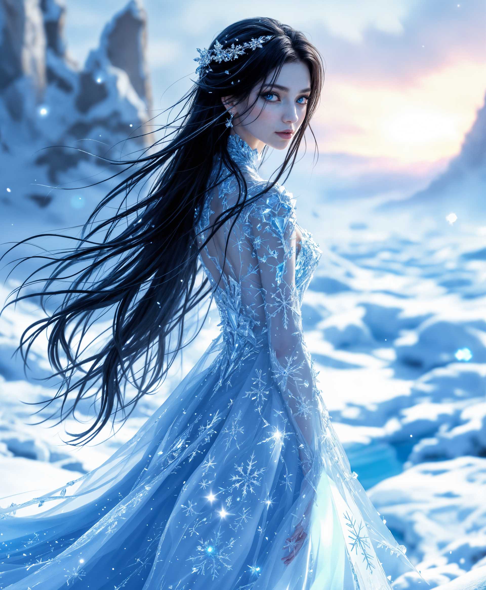 masterpiece, best quality, highres, sharp image, more detail, masterpiece, best quality, highres, sharp image, more detail, An **Ice Princess** with **long, flowing black hair** that cascades like a dark waterfall, her hair **laced with delicate frost patterns**, standing in an **icy realm**. Her **eyes are a piercing, luminous blue**, with **intricate, snowflake-like patterns** subtly embedded within the irises, reflecting the **icy landscape** around her. She wears an **elegant, form-fitting gown** made of **crystal and ice**, shimmering with **subtle, prismatic colors** under the **pale, ethereal light** of a **winter sun** just above the horizon. The gown has **intricate ice carvings** along the hem and sleeves, mimicking the **frozen patterns** of her kingdom. 

**Photography Style:** Inspired by **arctic exploration photography**, with a **wide-angle lens** to capture the vastness of her icy domain, using **soft focus** to enhance the **dreamlike quality** of the scene.

**Composition:** She stands **slightly off-center** to the left, facing forward but with her **gaze directed towards an unseen point**, creating a **sense of anticipation**. Her **left hand is outstretched**, **ice crystals forming and swirling around it**, demonstrating her **command over ice magic**. The background features **tall, jagged ice formations** that mimic the **sharpness of her features**, while **soft, diffused light** filters through the ice, casting **cool, blue shadows**.

**Mood and Atmosphere:** The **atmosphere is serene yet powerful**, with the **silence of the icy landscape** broken only by the **faint, crystalline chimes** of her magic. The **time of day is just before twilight**, where the light is **soft and blue**, enhancing the **otherworldly beauty** of the scene.

**Technical Aspects:** **High dynamic range** to capture the full spectrum of light and shadow, **bokeh** to blur the background ice formations, and **freeze motion** to highlight the **stillness of her pose** against the **dynamic movement** of her ice powers.