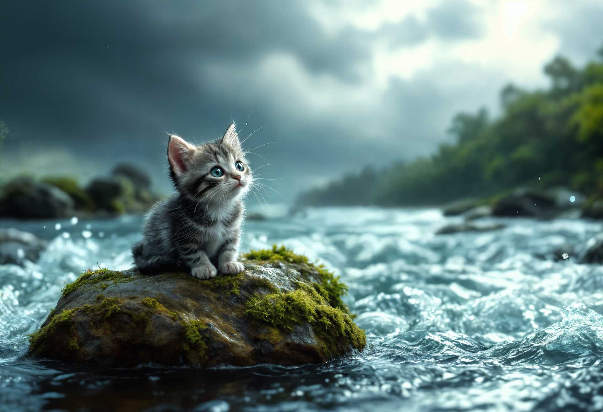 masterpiece, best quality, highres, sharp image, more detail, masterpiece, best quality, highres, sharp image, more detail, A small, frightened kitten perched precariously on a moss-covered rock in the center of a swiftly flowing river. The water around the rock is turbulent, with swirling eddies and gentle waves reflecting the light of a clouded, overcast sky. The kitten's fur is wet, giving it a darker, more intense hue, with droplets of water glistening on its whiskers. Its eyes are wide, reflecting fear and uncertainty, as it looks towards the distant, unreachable shore.

**Visual Details:**
- The kitten's fur is a mix of gray and white, now appearing darker due to the moisture, with a texture that looks soft and slightly matted.
- The river water is a cool, translucent blue, with hints of green from the algae and moss on the rock.
- The sky above is a palette of grays, with heavy clouds that suggest an impending rain, casting a diffused, soft light over the scene.

**Style:**
- The image should capture a photorealistic quality, focusing on the textures of the fur, water, and rock, while conveying the emotional state through expressionistic elements in the kitten's eyes and posture.

**Composition:**
- The rock is centered in the frame, with the kitten slightly off-center to the right, looking left towards the shore, emphasizing the isolation and distance from safety.
- The camera angle is low, almost at the level of the water, to emphasize the kitten's vulnerability and the height of the rock.

**Mood and Atmosphere:**
- The overall mood is one of vulnerability and fear, with a somber, slightly melancholic atmosphere due to the overcast weather and the kitten's situation.
- The sound of the river's flow and the distant, muted calls of birds can be imagined, enhancing the feeling of solitude.

**Technical Aspects:**
- Use a shallow depth of field to focus on the kitten, with the background river and distant shores slightly blurred to emphasize the isolation of the subject.
- Employ a fast shutter speed to capture the water's movement, creating a sense of motion around the still, frightened kitten.

**Cohesion:**
- The elements of the scene, from the kitten's expression to the river's flow, work together to create a narrative of struggle and hope, where the kitten's fear is palpable, yet there's an underlying theme of resilience in its small form against the vast, indifferent river.