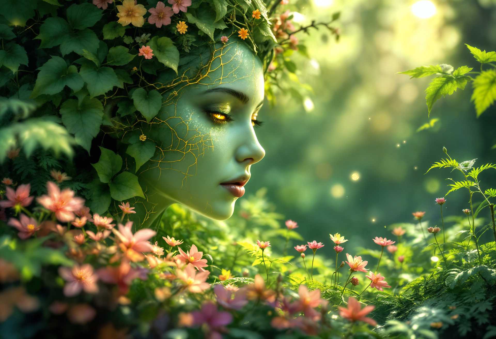 masterpiece, best quality, highres, sharp image, more detail, masterpiece, best quality, highres, sharp image, more detail, **A mystical forest guardian** with skin the **pale green** of new spring leaves, interlaced with **golden veins** that shimmer like the sun filtering through a dense canopy. Her eyes, **glowing softly** with an ethereal light, reflect the gentle luminescence of the moon. She is **surrounded by a symphony of blooming flora**, with vibrant flowers and lush ferns unfurling at her touch, showcasing her innate connection with nature. **The scene is set at twilight**, with a soft, diffused light casting long shadows and highlighting the **intricate wood-like texture** of her skin. The **mood is serene and enchanting**, with an **atmosphere of tranquility and growth**. Capture this in a **hyper-detailed digital art style**, reminiscent of **fantasy illustrations**, focusing on the **subtle interplay of light and shadow** to emphasize her ethereal presence within the forest.