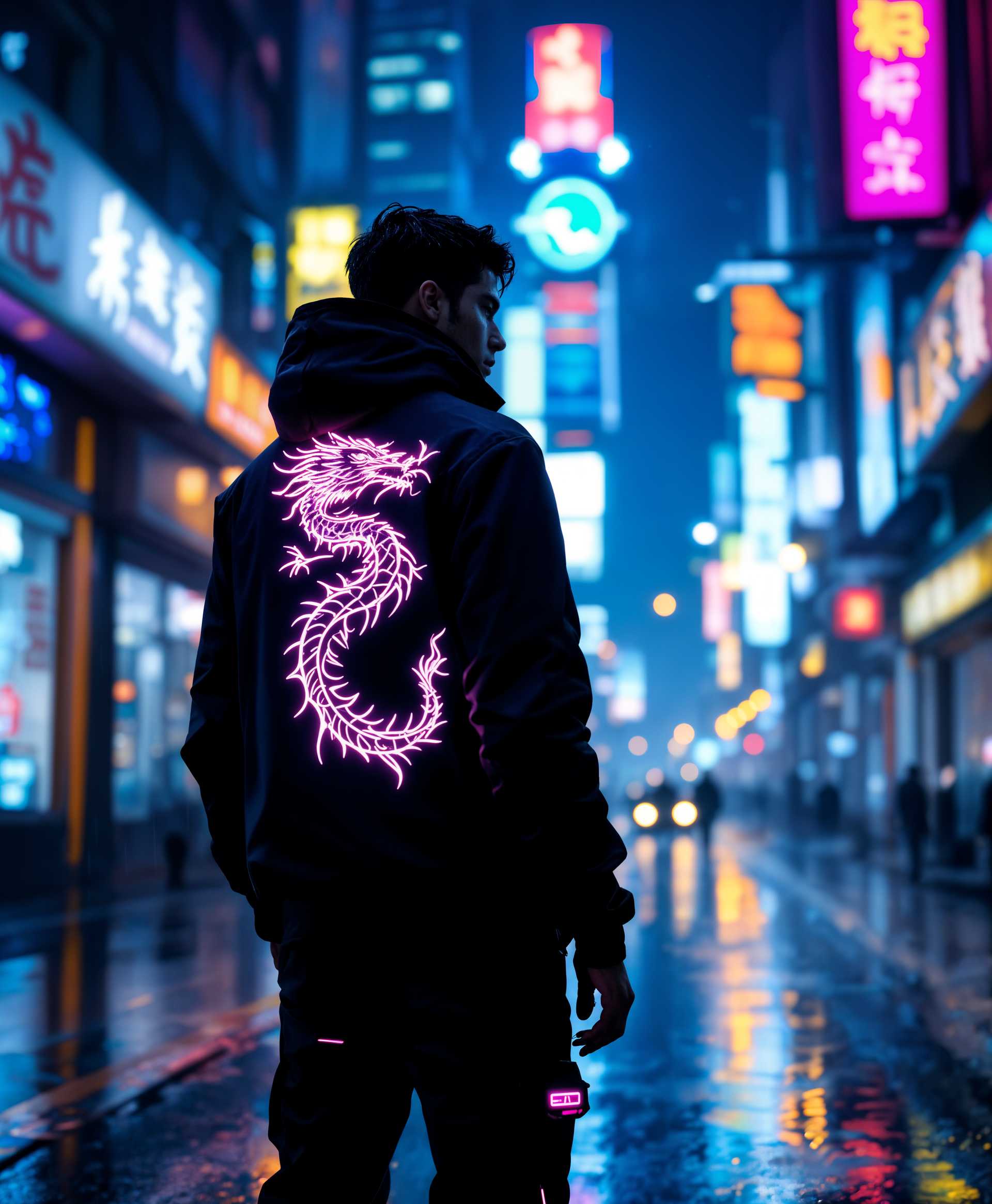 masterpiece, best quality, highres, sharp image, more detail <lora:more_details:0.5> <lora:SDXLrender_v2.0:1>, masterpiece, best quality, highres, sharp image, more detail, **Prompt:**

In the heart of a *cyberpunk city* at night, a man stands alone, the embodiment of neon-lit rebellion. The scene captures:

- **Subject:** A solitary figure, his posture exuding confidence and detachment, facing slightly to the side, his gaze lost in the digital wilderness of the city.

- **Visual Details:**
  - The man wears a sleek **black jacket**, its surface adorned with a **glowing neon dragon sign** in vibrant **cyan and pink**, casting an ethereal glow around him, reflecting off the wet pavement.
  - His **pants** mimic this effect, with streaks of neon light pulsing through the fabric in the same color palette, creating an aura of luminescence that blurs the line between man and machine.
  - **Neon signs** in the background, in contrasting shades of **cyan and pink**, illuminate the scene, their light refracting off the raindrops in the air.

- **Artistic Style:** The image should be reminiscent of **cyberpunk aesthetics** with elements of **vaporwave**, emphasizing the clash of old and new, organic and synthetic.

- **Composition:**
  - The man is centrally placed, but not in the exact center, creating a dynamic feel. 
  - The **camera angle** is slightly low, looking up at him, to emphasize his stature within this futuristic landscape.
  - The **framing** includes part of the cityscape, with towering skyscrapers and digital billboards, yet focuses primarily on the man and his neon-lit attire.

- **Mood and Atmosphere:**
  - The **mood** is one of **loneliness** amidst the bustling city, a reflection on identity in a world where technology and human essence merge.
  - The **atmosphere** is **neon-lit**, with the air thick with mist and the soft patter of rain, creating a **vaporwave** vibe.

- **Technical Aspects:**
  - **Depth of field** should be shallow, focusing on the man while the cityscape behind him blurs into a tapestry of light.
  - **Lighting** should be a key element, with the neon lights providing the primary illumination, casting long, vibrant shadows.
  - **Color grading** to enhance the cyberpunk feel, with **cyan and pink** tones dominating the palette, while retaining some desaturated elements to ground the scene in reality.

- **Cohesion:** All elements should converge to tell a story of a man lost in thought, his existence a paradox between