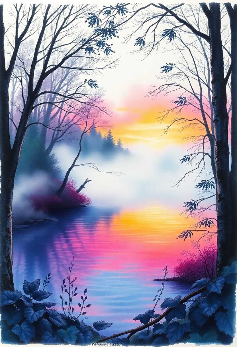 A watercolor painting of a tranquil **lake** nestled within a **woodland** setting, viewed at **sunset**. The scene is enveloped in a **mist** that softens the edges of the trees, creating an ethereal atmosphere. The lake's surface reflects a **gradient of vibrant neon colors** from the setting sun, blending from warm oranges and pinks to deep purples and blues. The **composition** places the lake centrally, with the woodland framing the scene, creating a natural white border around the image. **Lighting** is soft and diffused through the mist, enhancing the serene mood. The **style** is **hyper-detailed** with a focus on the **texture** of the water, the roughness of the bark, and the intricate patterns of leaves, all rendered in **ink** with **neon color gradients**. The **mood** is one of peace and otherworldly beauty, where the **atmosphere** is quiet and still, with the only sounds being the gentle lapping of water against the shore. The **technical aspects** include using techniques like **chiaroscuro** to highlight the contrast between the neon colors and the dark woodlands, and **soft focus** in the background to emphasize the depth of the scene.