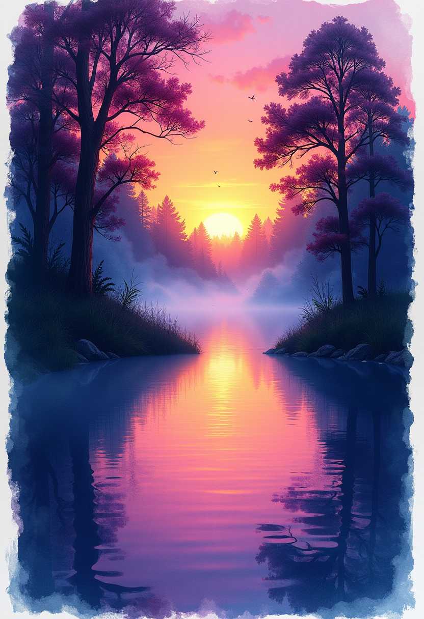 A watercolor painting of a tranquil **lake** nestled within a **woodland** setting, viewed at **sunset**. The scene is enveloped in a **mist** that softens the edges of the trees, creating an ethereal atmosphere. The lake's surface reflects a **gradient of vibrant neon colors** from the setting sun, blending from warm oranges and pinks to deep purples and blues. The **composition** places the lake centrally, with the woodland framing the scene, creating a natural white border around the image. **Lighting** is soft and diffused through the mist, enhancing the serene mood. The **style** is **hyper-detailed** with a focus on the **texture** of the water, the roughness of the bark, and the intricate patterns of leaves, all rendered in **ink** with **neon color gradients**. The **mood** is one of peace and otherworldly beauty, where the **atmosphere** is quiet and still, with the only sounds being the gentle lapping of water against the shore. The **technical aspects** include using techniques like **chiaroscuro** to highlight the contrast between the neon colors and the dark woodlands, and **soft focus** in the background to emphasize the depth of the scene.