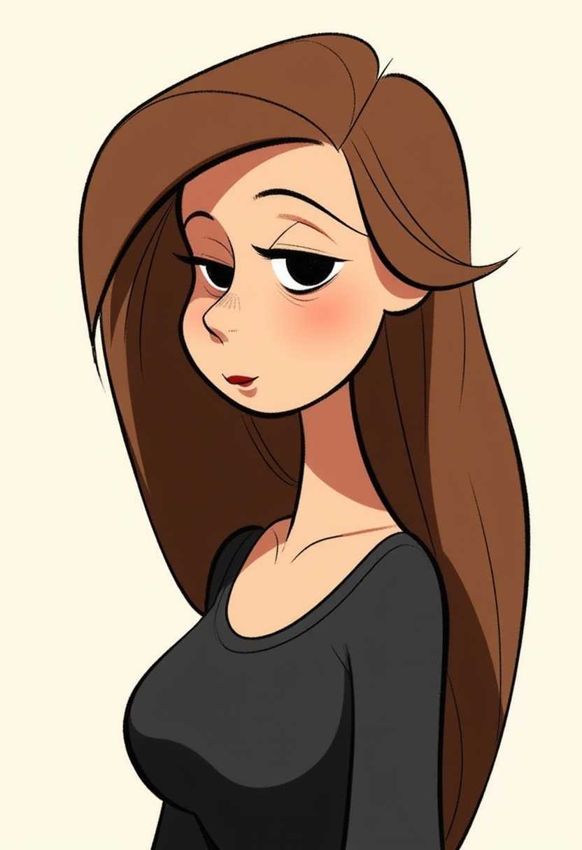 Claymation. The subject of the image is a retro cartoon female figure. Her hair flows elegantly down her back, with a distinct shadow cast on the right side, suggesting a light source coming from the left. The hair is drawn with long, sweeping strokes that give a sense of movement and volume.The figure is wearing a dark top, with the neckline and collarbone visible. The top is depicted with a simple, clean line that outlines the shape of the garment, without any additional detail or texture.
