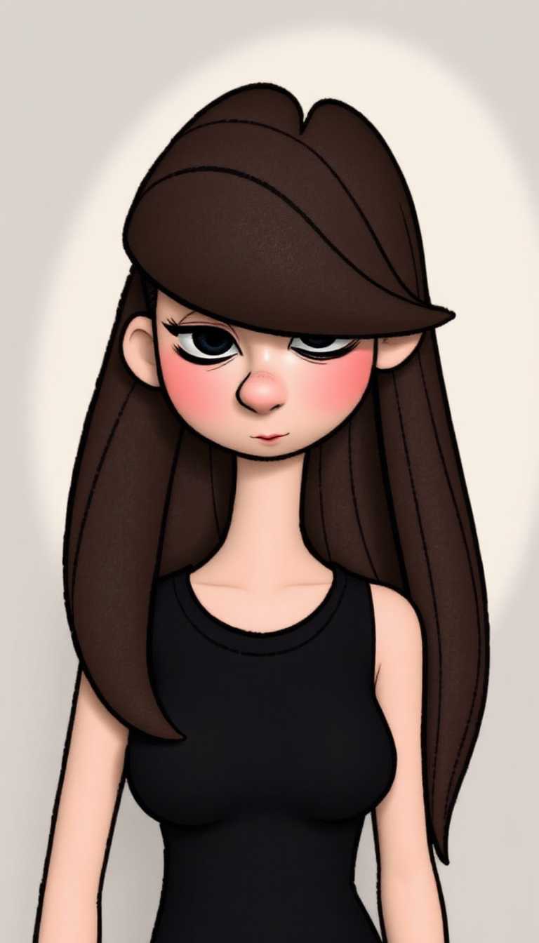 Claymation. The subject of the image is a retro cartoon female figure. Her hair flows elegantly down her back, with a distinct shadow cast on the right side, suggesting a light source coming from the left. The hair is drawn with long, sweeping strokes that give a sense of movement and volume.The figure is wearing a dark top, with the neckline and collarbone visible. The top is depicted with a simple, clean line that outlines the shape of the garment, without any additional detail or texture.