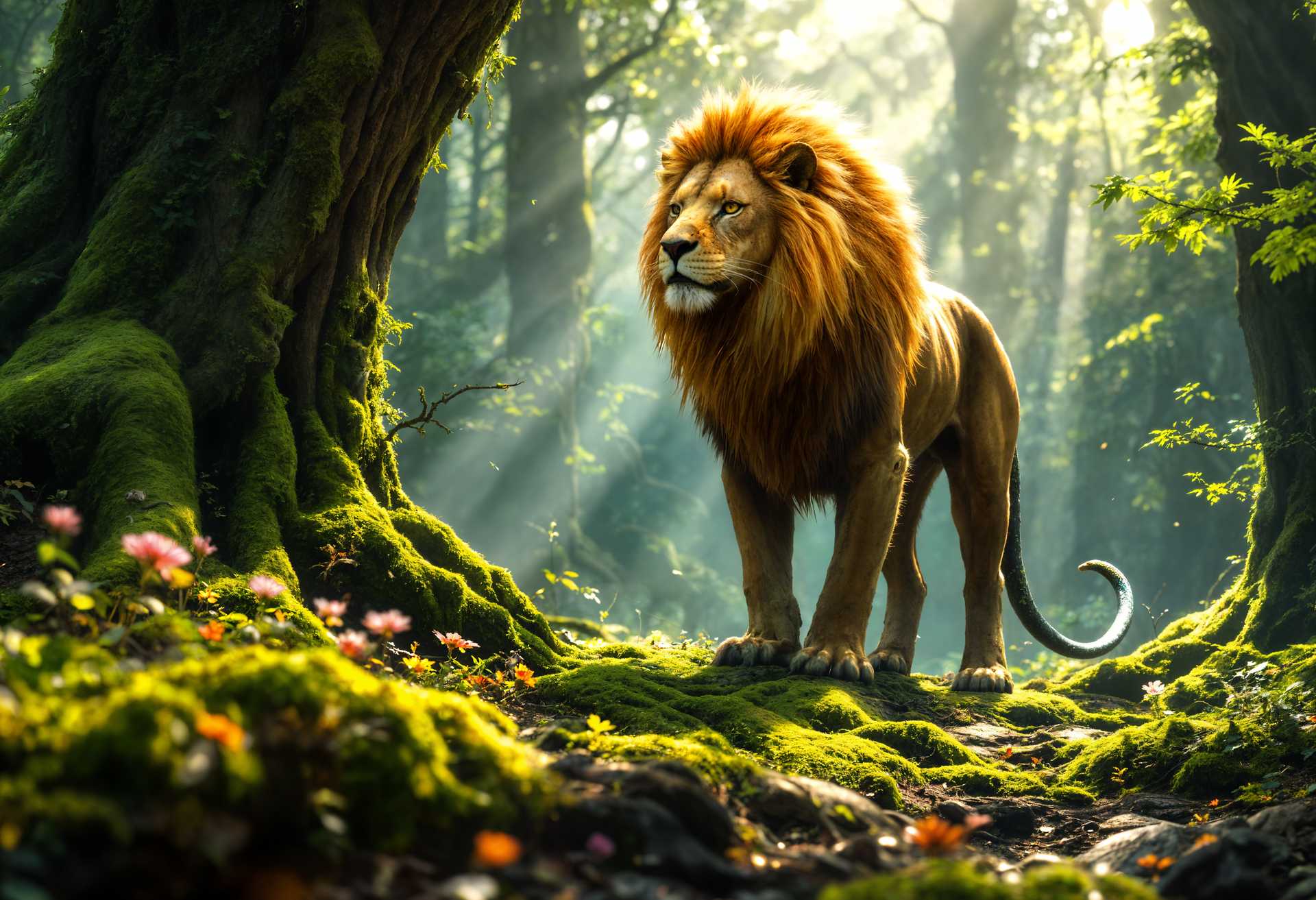 masterpiece, best quality, highres, sharp image, more detail, masterpiece, best quality, highres, sharp image, more detail, A photorealistic depiction of a **chimera** standing majestically in the heart of an **ancient, dense forest**. The creature's **lion head** is detailed with a **golden mane** that glistens in the dappled sunlight filtering through the canopy, its eyes intense and alert, reflecting a mix of curiosity and menace. Its **snake tail** curls around a moss-covered tree trunk, the scales shimmering with iridescent colors, casting small glimmers on the forest floor. 

The forest itself is rendered with **hyperrealistic textures**, showcasing the rough bark of towering trees, the soft, vibrant green of mosses, and the occasional flash of colorful wildflowers. The **composition** places the chimera slightly off-center, allowing for a sense of depth with the forest stretching into the background. The camera angle is **low**, emphasizing the chimera's dominance over its environment.

The **mood** is one of awe and slight trepidation, with the scene bathed in the **golden hour light** casting long shadows and highlighting the mystical aura of the chimera. The **atmosphere** is still, with the forest sounds muted, as if nature itself holds its breath in the presence of this mythical beast. 

**Technical aspects** include a **wide-angle lens** to capture the grandeur of the forest and the chimera, with a **shallow depth of field** to focus on the creature while allowing the forest to blur into a dreamy backdrop. The image should evoke the style of **wildlife photography**, with attention to natural behavior and environment, yet with an artistic flair that hints at the fantastical.