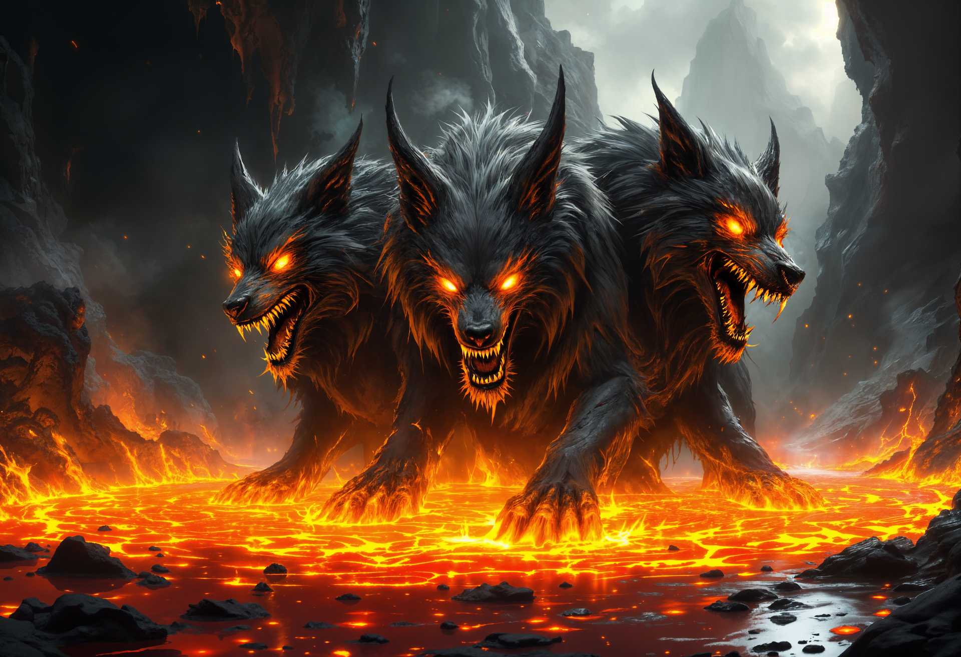 masterpiece, best quality, highres, sharp image, more detail, masterpiece, best quality, highres, sharp image, more detail, A highly detailed digital painting of a **Cerberus**, the three-headed hound of Hades, perched majestically atop a **bubbling lava lake**. The scene unfolds within the **depths of Hell**, where:

- **Visual Details**: Each head of Cerberus exudes menace; the central head is snarling, revealing sharp, glistening fangs, while the other two are alert, scanning the infernal landscape. Their fur is a mix of dark, smoky grey with streaks of fiery orange and red, reflecting the molten environment. The eyes glow with an otherworldly intensity, casting eerie light onto the surrounding chaos.

- **Lava**: The lava below is not just a flat surface but an active, seething mass of glowing, viscous fluid, with occasional bursts of flame and smoke, creating dynamic reflections on the beast's fur and the cavernous walls.

- **Environment**: The cavern is vast, with jagged rock formations and stalactites hanging ominously from above, some dripping with molten lava. The walls are scorched, with deep, dark crevices and glowing cracks that seem to pulse with the heartbeat of the underworld.

- **Mood and Atmosphere**: The scene is imbued with a **sinister, otherworldly ambiance**. The air is thick with heat, ash, and the distant echoes of tormented souls, contributing to an atmosphere of eternal torment and despair. The time of day is irrelevant here, as the only light comes from the infernal glow of the lava and the eerie illumination of Cerberus' eyes.

- **Composition**: Cerberus is positioned in a powerful stance, its massive paws gripping the edge of a rocky outcrop. The camera angle is low, looking up at Cerberus to emphasize its dominance and the vast, oppressive environment of Hell. The framing captures the full grandeur of the beast, with its heads filling the upper part of the frame, and the hellish landscape sprawling below.

- **Technical Aspects**: The image uses **chiaroscuro** to heighten the drama, with deep shadows and bright highlights created by the lava's glow. The painting style leans towards **hyper-realism**, with fine details in the fur, muscle definition, and the intricate, almost crystalline texture of the cooling lava.

- **Cohesion**: Every element, from the menacing posture of Cerberus to the seething lava and the oppressive atmosphere, creates a unified vision of Hell as a place of power, fear, and eternal suffering, where even the guardians are as terrifying as the landscape itself.