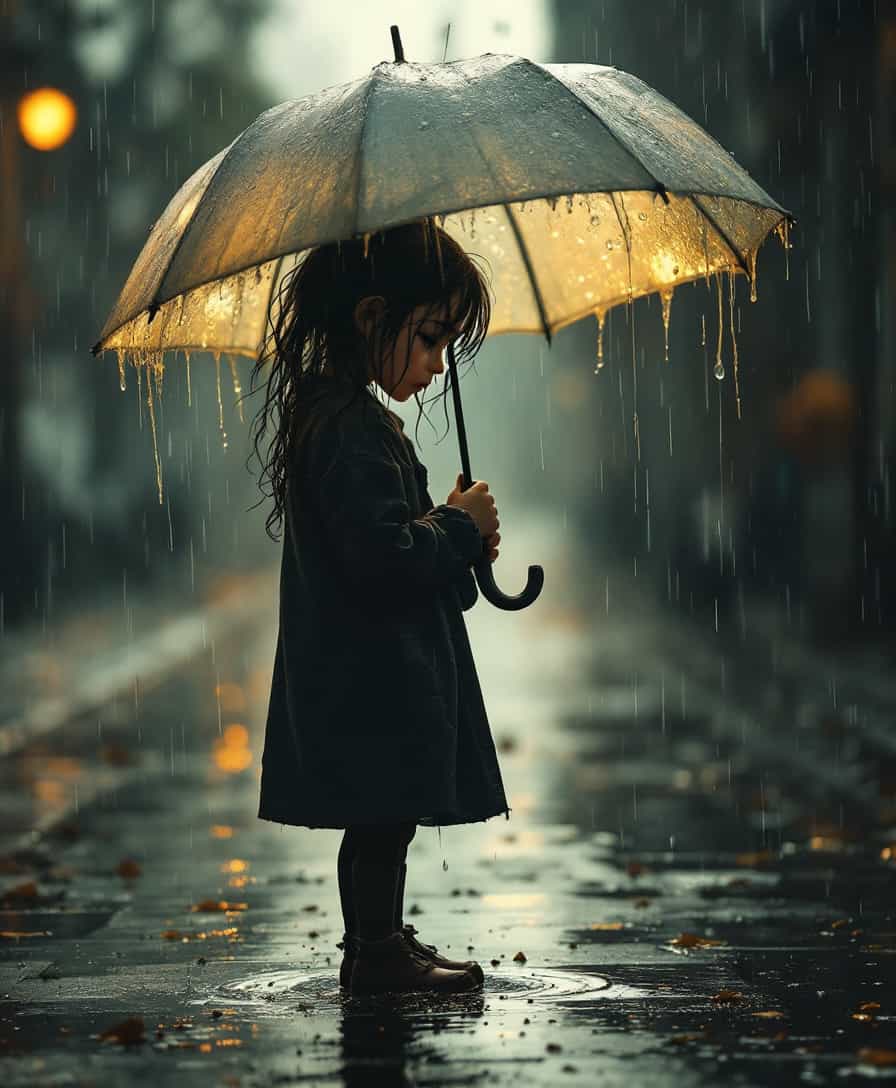 A poignant, rain-soaked scene in the late afternoon, with **a young girl standing alone under a tattered, translucent umbrella**. Her **face is marked by tears, shimmering with a mix of sorrow and vulnerability** in the soft, diffused light. The **raindrops**, visible in the air, create a gentle, rhythmic pattern, enhancing the **melancholic atmosphere**. Her **umbrella**, though offering some protection, is visibly overwhelmed by the **heavy downpour**, symbolizing the overwhelming emotions she is experiencing. 

**Visual Details**: Her **hair is wet, clinging to her face**, her **clothing is soaked**, clinging to her form, with **water droplets reflecting light** around her. The **pavement around her feet** is wet and reflective, capturing the scene in miniature pools.

**Style**: The image is rendered in the style of **contemporary emotional realism**, with a **cinematic depth of field** that blurs the background, focusing on her emotional state. The **color palette** is subdued, with **muted blues and grays** dominating, interspersed with the **vibrant red of her umbrella** for contrast.

**Composition**: She is **centered in the frame**, slightly off-kilter, creating a sense of **unbalance and turmoil**. The **camera angle** is at eye level, fostering an intimate connection with the viewer, emphasizing her isolation amidst the bustling world.

**Mood and Atmosphere**: The **mood is deeply melancholic**, underscored by the **overcast sky** and the **continuous rain**, which metaphorically represents her tears. The **light** is **soft and diffused**, enhancing the emotional depth of the scene.

**Technical Aspects**: The image employs **bokeh** to blur the background, focusing on the subject. **High dynamic range (HDR)** is used to capture the nuances of light and shadow, ensuring the **tears** and **raindrops** are clearly visible. The **exposure** is adjusted to highlight the **vibrant red of the umbrella** against the somber background.