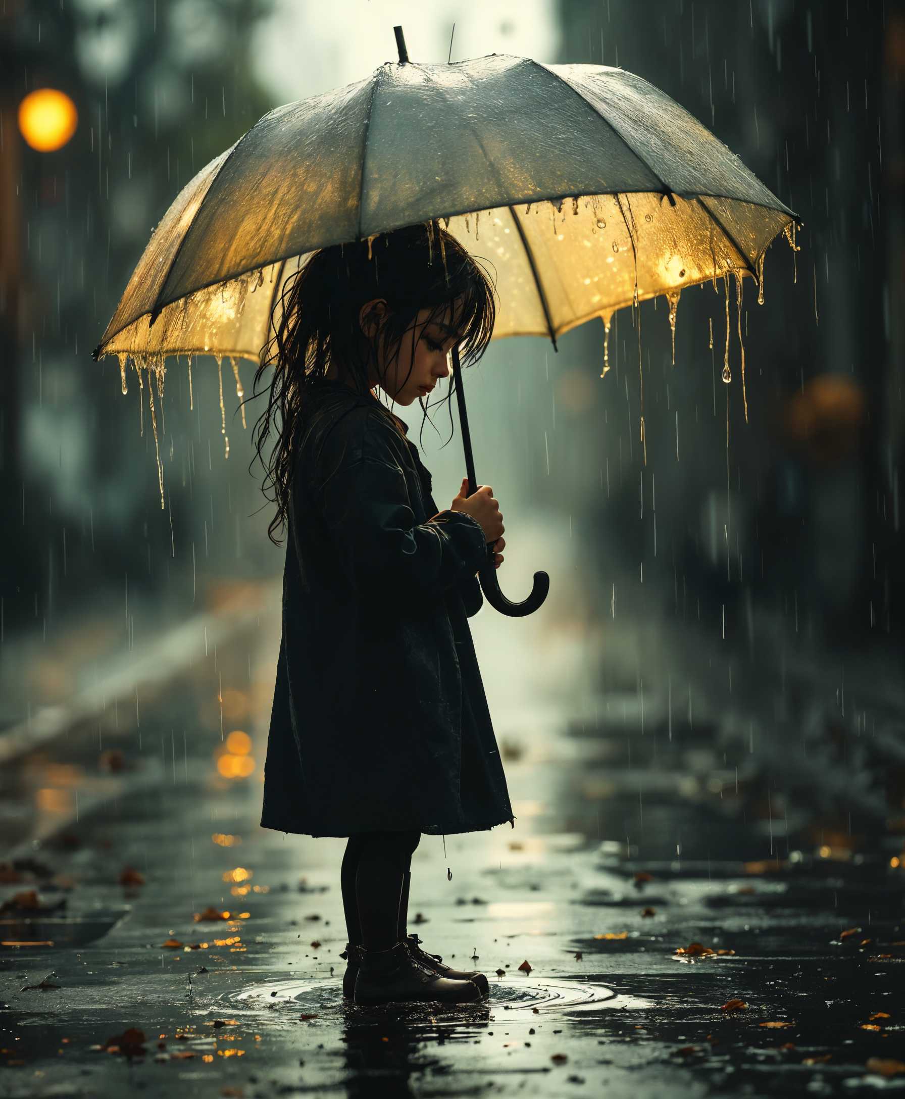 AI-generated image: A poignant, rain-soaked scene in the late afternoon, with **a young girl standing alone under a tatt