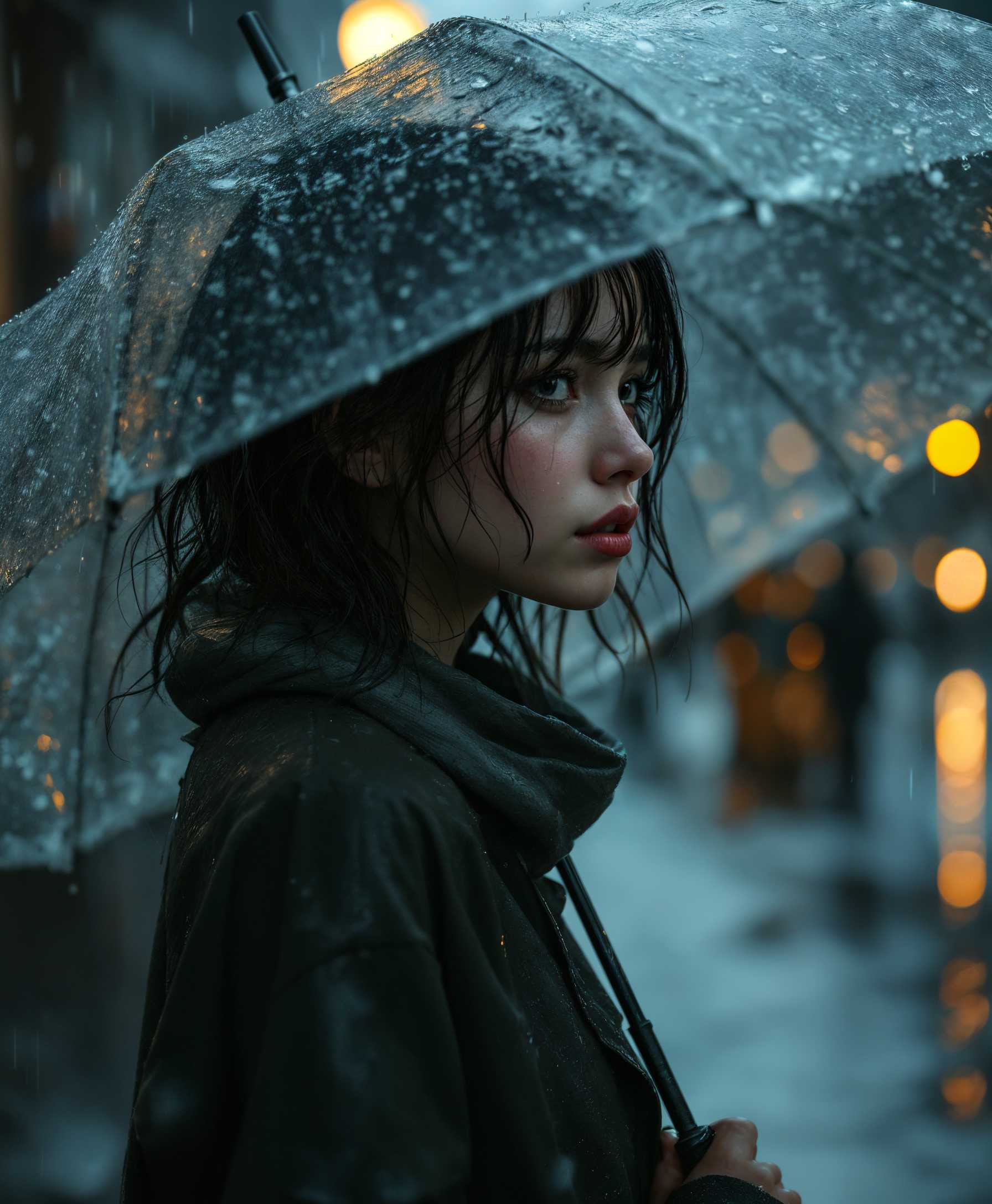 AI-generated image: A poignant, rain-soaked scene in the late afternoon, with **a young girl standing alone under a tatt