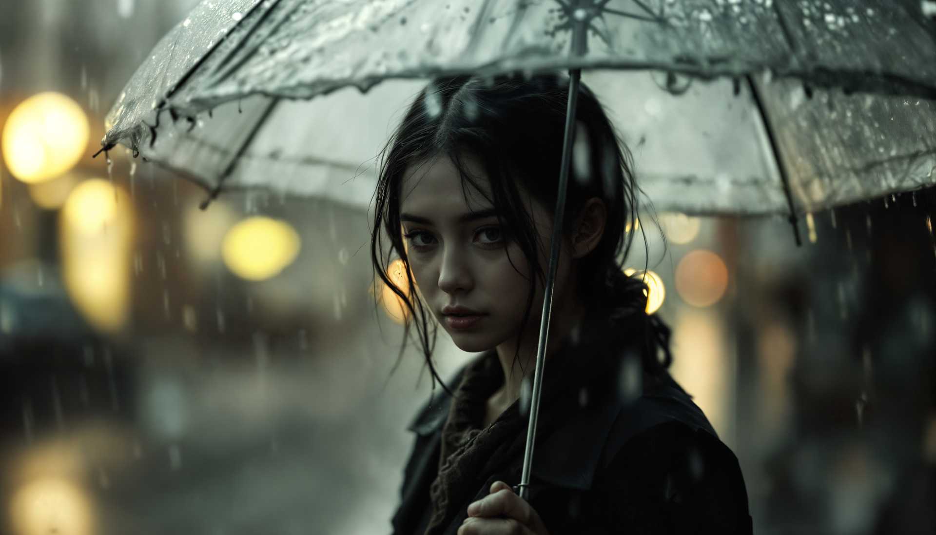 masterpiece, best quality, highres, sharp image, more detail, masterpiece, best quality, highres, sharp image, more detail, A somber young girl standing alone in a torrential downpour, her expression one of melancholy as she gazes down. She is enveloped by the soft, muted light that filters through a translucent, slightly tattered umbrella above her. The scene is rendered in a **Tonalism** style, emphasizing the atmospheric mood with subdued colors and gentle gradients. The composition places her centrally, with raindrops visible in the foreground and background, creating a sense of depth and isolation. The camera angle is slightly above eye level, looking down on her, enhancing the feeling of vulnerability. The lighting is diffused, with the rain creating a hazy, misty atmosphere around her. The technical aspects include a shallow depth of field, focusing on her face and the raindrops on the umbrella, while the background is slightly blurred to emphasize her emotional state. The overall mood is one of loneliness and introspection, set in the late afternoon during a relentless rainstorm.