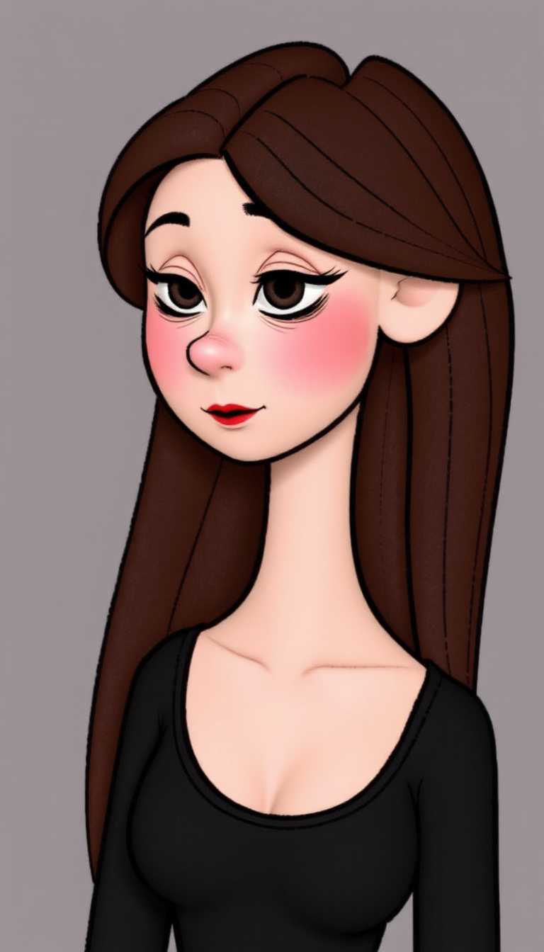 Claymation. The subject of the image is a retro cartoon female figure. Her hair flows elegantly down her back, with a distinct shadow cast on the right side, suggesting a light source coming from the left. The hair is drawn with long, sweeping strokes that give a sense of movement and volume.The figure is wearing a dark top, with the neckline and collarbone visible. The top is depicted with a simple, clean line that outlines the shape of the garment, without any additional detail or texture.