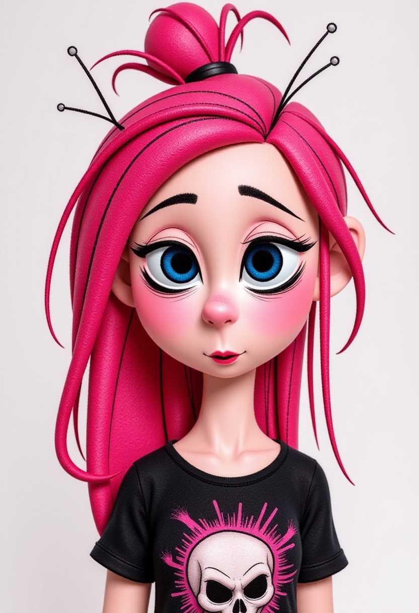 Claymation. The character has large, wideopen eyes with a hint of surprise or confusion, and the eyebrows are drawn in a way that accentuates the expression. The eyes are a striking shade of blue, and the eyelashes are long and dark, giving the character a somewhat startled look.The hair is a vivid pink, with strands sticking out in various directions, giving the hair a wild and untamed appearance. There are several strands tied up in a messy bun on the top of the head, and there are also what appear to be safety pins or clips holding some of the hair in place.The character is wearing a black Tshirt with a graphic design that includes a skull and what looks like a burst of pink energy or light around it. The Tshirt has a distressed look, with what seems to be paint or ink splatters and smudges on it.The overall art style is digital, with a high level of detail and shading that gives the image a threedimensional quality. 