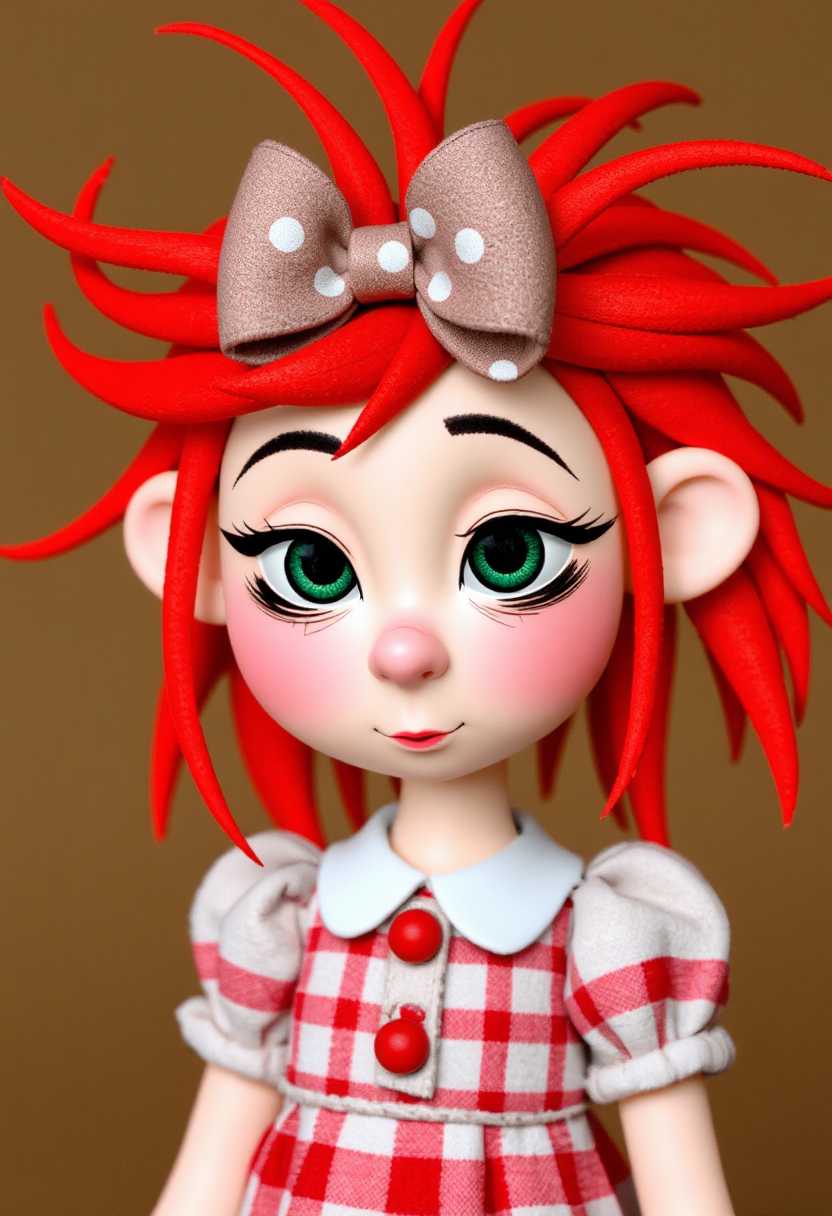 Claymation. The character has bright, fiery red hair that stands out dramatically, with strands sticking out in various directions, giving the hair a wild and untamed look. A large, decorative bow with a polka dot pattern is tied at the top of the hair, adding to the playful nature of the character.The character is wearing a red and white checkered dress with a white collar, which complements the bright hair color and adds to the overall childlike aesthetic. The dress has a slightly puffed sleeve, which is a common feature in whimsical illustrations.The characters eyes are large and expressive, with long lashes and a hint of green, which gives them a lively and curious appearance. The nose is small and rosy, with a hint of blush on the cheeks, further emphasizing the characters youthful and innocent demeanor.