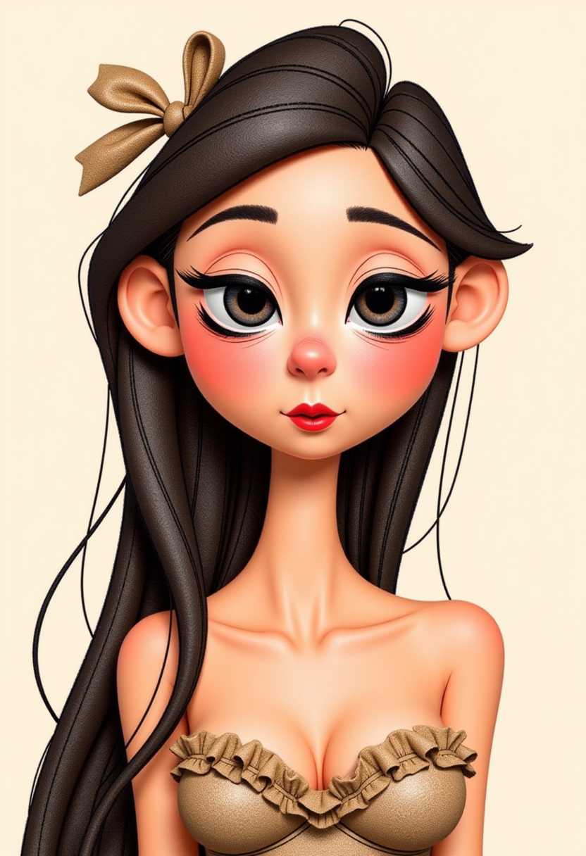Claymation.  Vivid colors. The subject of the illustration is a stylized female figure with exaggerated features typical of cartoon characters, such as large expressive eyes and a small nose.The figure has long, flowing hair with a bow tied at the back, which cascades down her right shoulder. The hair strands are detailed with individual strokes that give a sense of volume and movement. The figure is wearing a strapless top with a ruffled neckline, and the shoulder strap is delicately drawn with a few lines, suggesting a soft fabric texture.