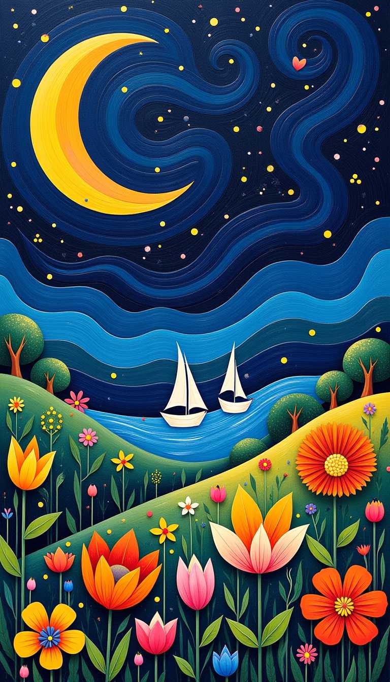 This image is a whimsical and colorful depiction of a night scene, blending elements of nature and fantasy. The art style is reminiscent of naive art or folk art, with its simplified forms and bold outlines. The medium appears to be acrylic paint, given the texture and sheen of the colors.The sky is a deep, starry navy blue, swirling with a dynamic, almost chaotic pattern of strokes that suggest movement and energy. A large, crescent moon is painted in a warm, golden yellow, with a gradient that transitions to a deep orange at the edges, giving it a luminous quality. The moon is surrounded by a halo of white, speckled with tiny dots, resembling stars or distant galaxies.In the foreground, there is a vibrant and diverse array of flowers in various shapes and sizes, predominantly in the lower half of the image. These flowers are depicted in a stylized manner, with exaggerated petals and intricate details, using a palette of bright oranges, yellows, pinks, reds, and purples. The flowers are interspersed with lush greenery and small, delicate leaves, adding depth and texture to the composition.In the middle ground, rolling hills adorned with a variety of trees are painted in soft, pastel tones of blue, green, and yellow. The trees are depicted with simple, rounded canopies and detailed trunks, and they are scattered across the hills, giving the impression of a dense, wooded landscape.In the background, the sea meets the horizon, with gentle waves that are painted in shades of blue and white, suggesting the movement of water. Two sailboats are gently floating on the water, their sails unfurled and catching the wind. The boats are painted in white with black details, and they add a sense of scale and human presence to the scene.Overall, the image exudes a sense of wonder and enchantment, with its dreamlike quality and harmonious blend of colors and elements. The use of contrasting colors and playful patterns creates a dynamic and engaging visual experience.