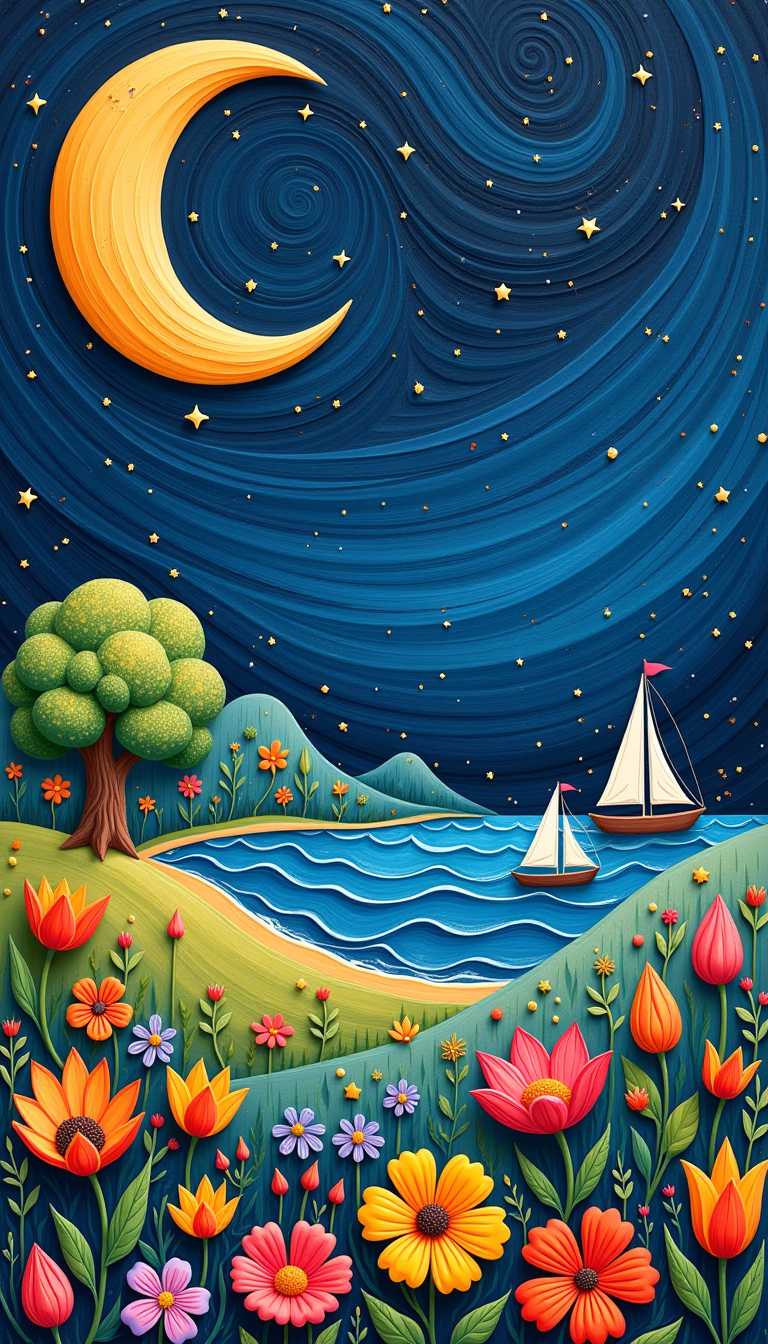 Claymation. This image is a whimsical and colorful depiction of a night scene, blending elements of nature and fantasy. The sky is a deep, starry navy blue, swirling with a dynamic, almost chaotic pattern of strokes that suggest movement and energy. A large, crescent moon is painted in a warm, golden yellow, with a gradient that transitions to a deep orange at the edges, giving it a luminous quality. The moon is surrounded by a halo of white, speckled with tiny dots, resembling stars or distant galaxies.In the foreground, there is a vibrant and diverse array of flowers in various shapes and sizes, predominantly in the lower half of the image. These flowers are depicted in a stylized manner, with exaggerated petals and intricate details, using a palette of bright oranges, yellows, pinks, reds, and purples. The flowers are interspersed with lush greenery and small, delicate leaves, adding depth and texture to the composition.In the middle ground, rolling hills adorned with a variety of trees are painted in soft, pastel tones of blue, green, and yellow. The trees are depicted with simple, rounded canopies and detailed trunks, and they are scattered across the hills, giving the impression of a dense, wooded landscape.In the background, the sea meets the horizon, with gentle waves that are painted in shades of blue and white, suggesting the movement of water. Two sailboats are gently floating on the water, their sails unfurled and catching the wind. The boats are painted in white with black details, and they add a sense of scale and human presence to the scene.Overall, the image exudes a sense of wonder and enchantment, with its dreamlike quality and harmonious blend of colors and elements. The use of contrasting colors and playful patterns creates a dynamic and engaging visual experience.