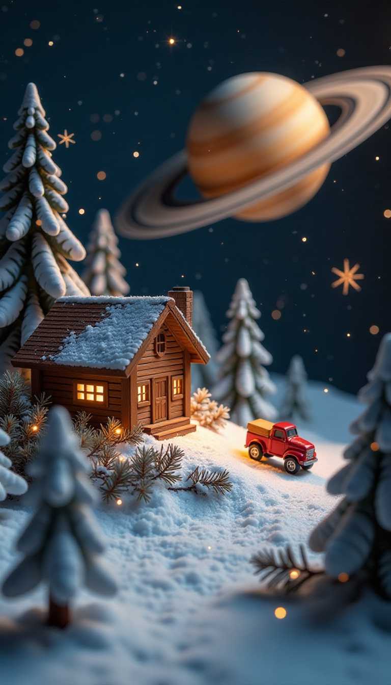 Painted glossy wood toy diorama, dramatic lighting. Saturn Orbit Space Drone Footage | DJI Mini 4 Pro 4K. Snow, Xmas