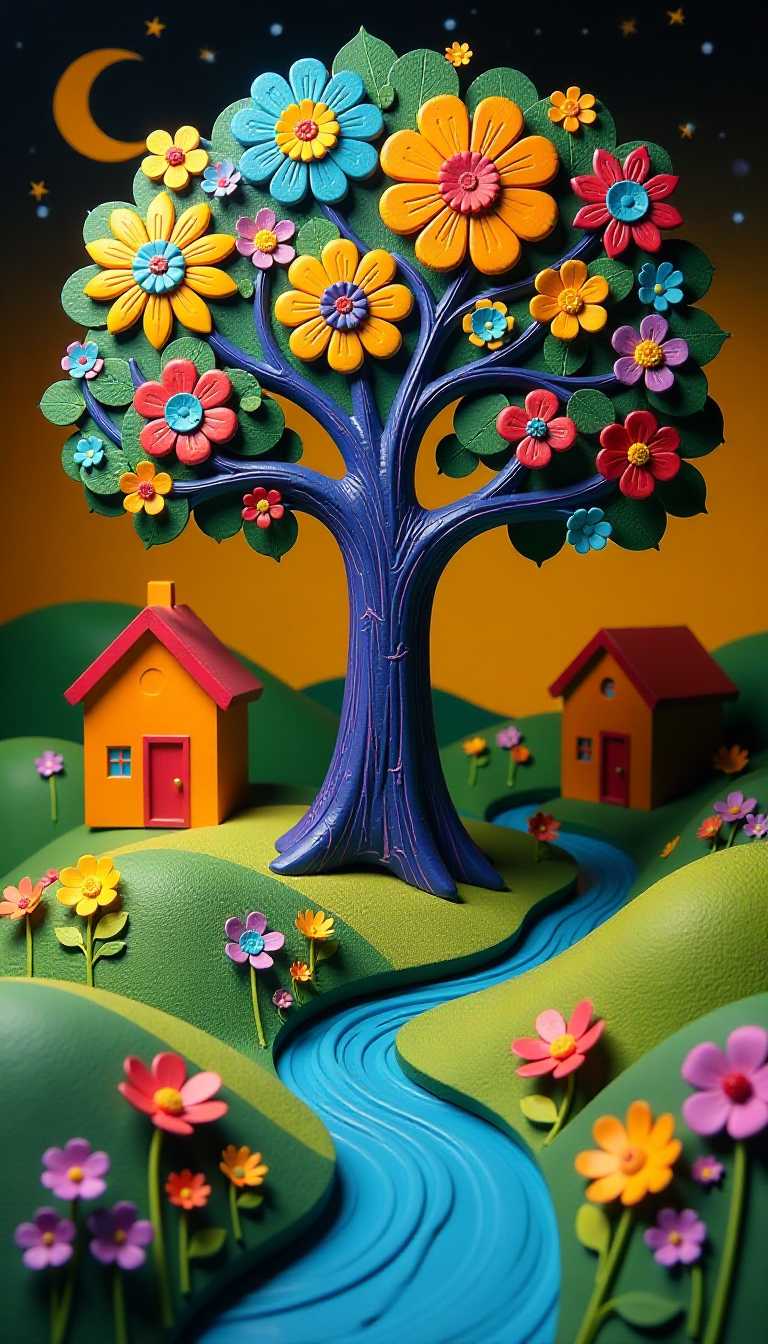 **Whimsical Tree of Flowers in a Dreamlike Landscape**