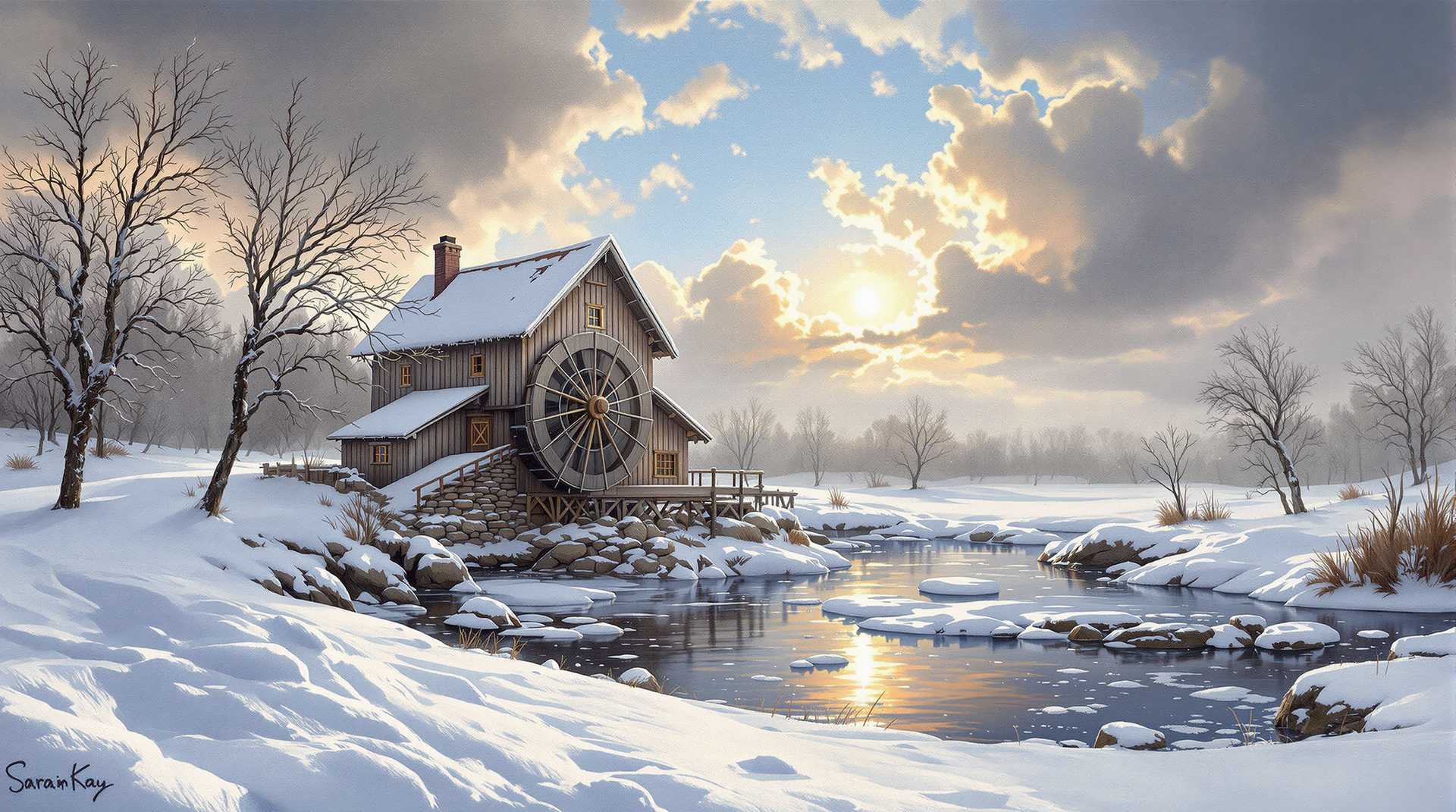 Oil on Canvas in pastose style. A picturesque wooden watermill stands on the bank of a frozen stream in a snowy landscape. The sun tries to break through thick clouds and casts long shadows. In the foreground is a thick blanket of snow. Stunning Josephine Wall, Sarah Kay style. 4K.