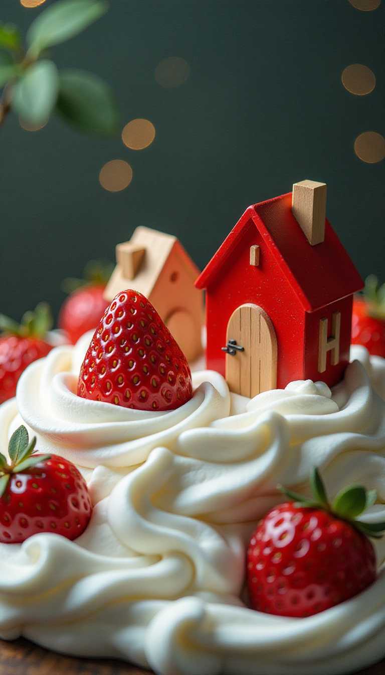 Painted glossy wood toy diorama, dramatic lighting. Strawberry houses floating in whipped cream.