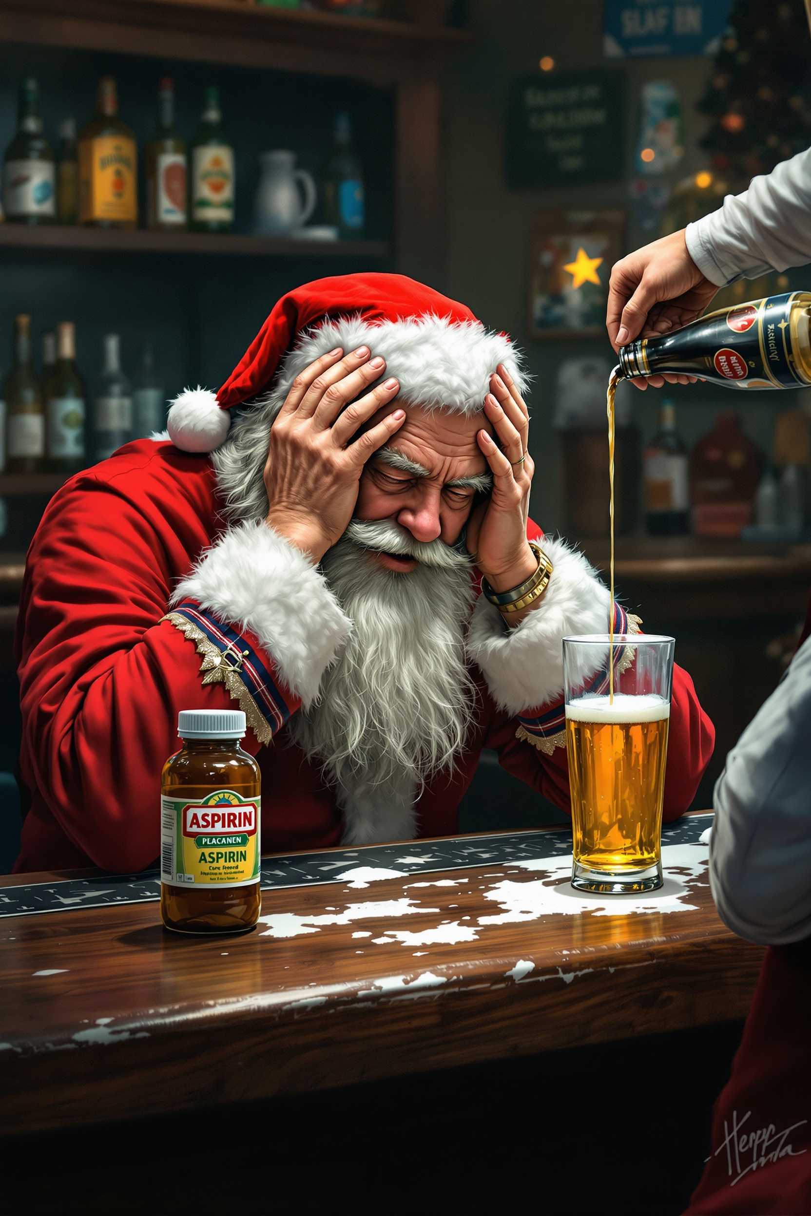 Detailed image. Santa sits at a bar his head in his hands. On the bar is a half finished beer and a bottle of aspirin (spelled correctly). The bartender pours another one. Realistic.