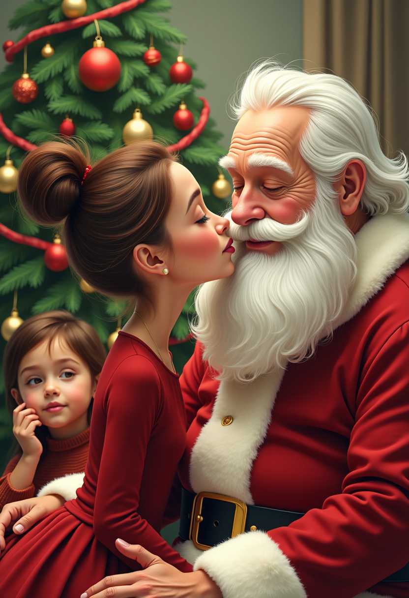 christmas scene, caricature of a woman with a brown messy bun sitting next to a man dressed as Santa with a white beard and hair giving him a kiss. child hiding behind a christmas tree watching in the background.