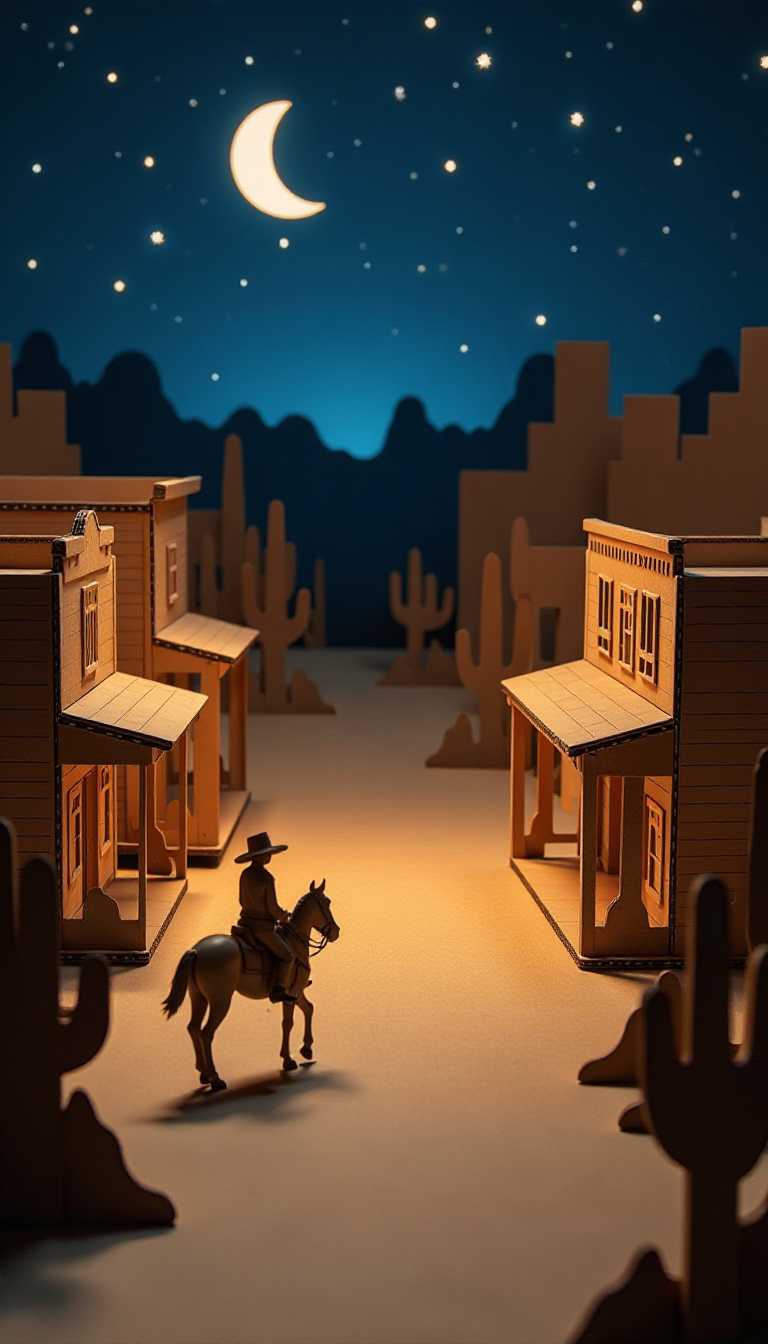 Cardboard cowboy western paper town diorama at midnight. 